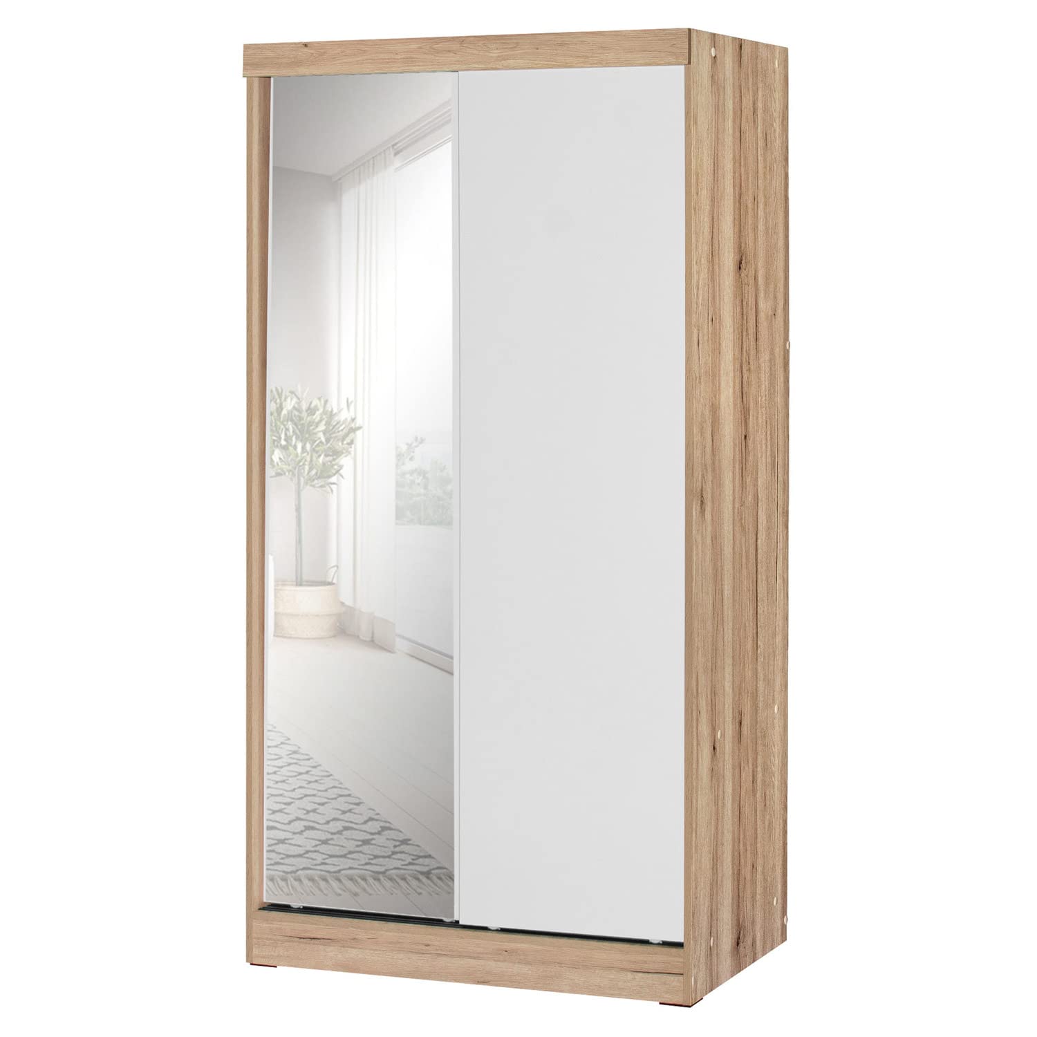 Better Home Products Mirror Wood Double Sliding Door Wardrobe White/Natural Oak