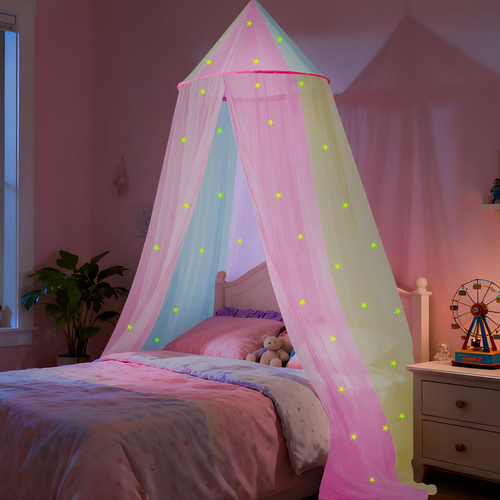 SYHITOU Rainbow Bed Canopy for Girls with Glowing Stars, Colorful Princess Canopy Bed Curtains for Twin, Full, and Queen Sizes,M