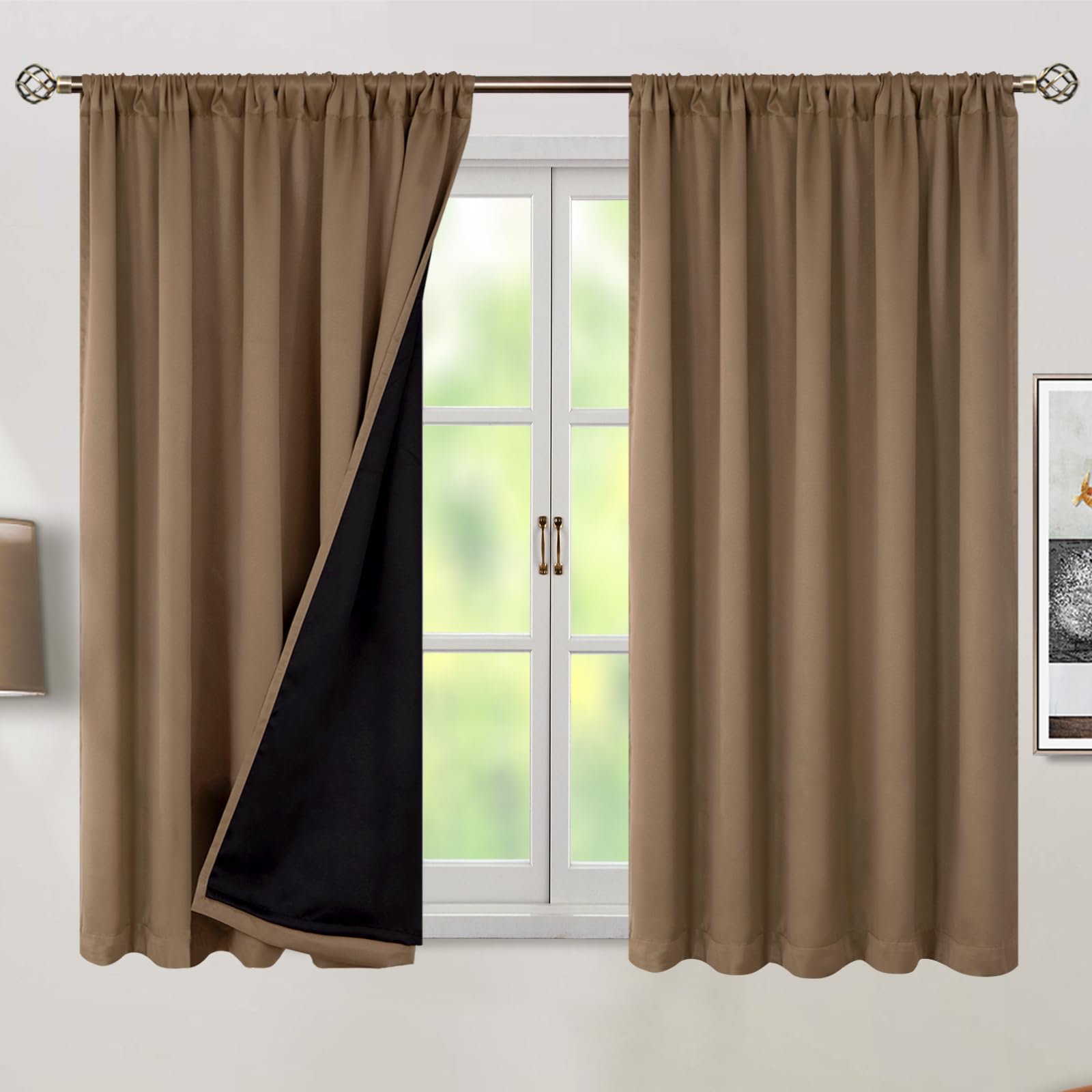 Bgment 100% Room Darkening Thermal Insulated Blackout Curtains 54 Inches Long With Liner, Rod Pocket And Back Tab Double Layer Noise Reduce Curtains For Bedroom (52 X 54 Inch, 2 Panels, Taupe)