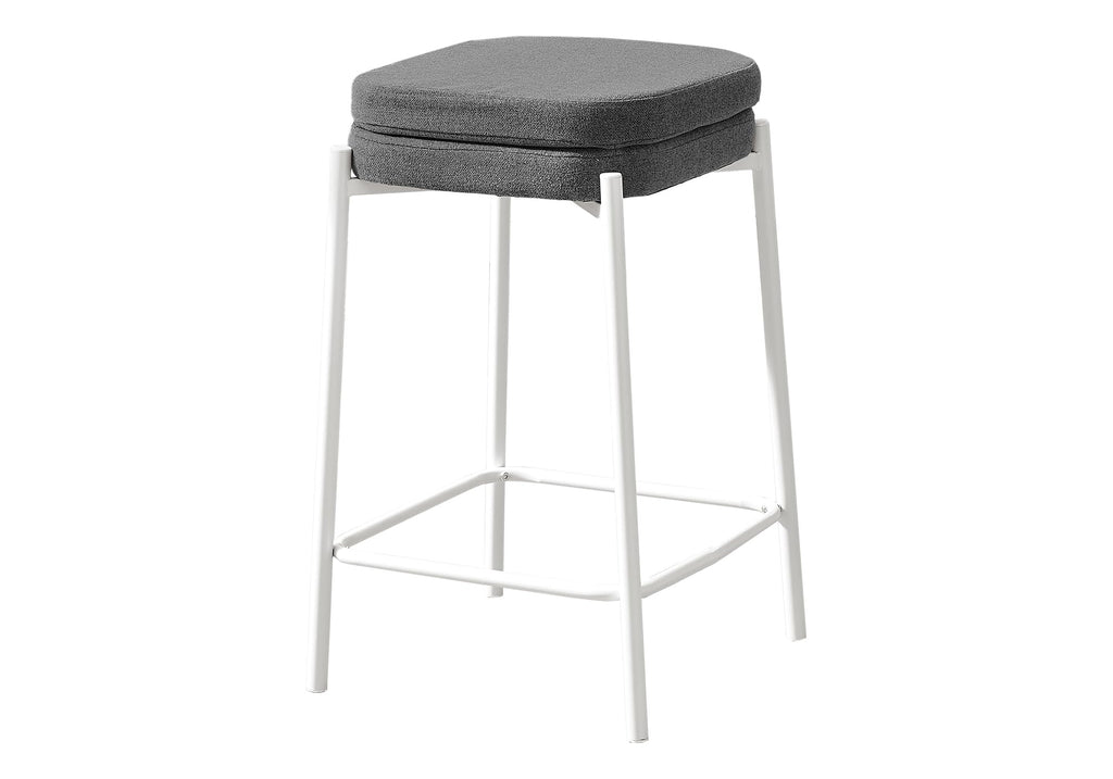Monarch Specialties I 2227 Barstool, Counter Height, Set of 2, Kitchen, Grey Fabric, White Metal, Contemporary, Modern