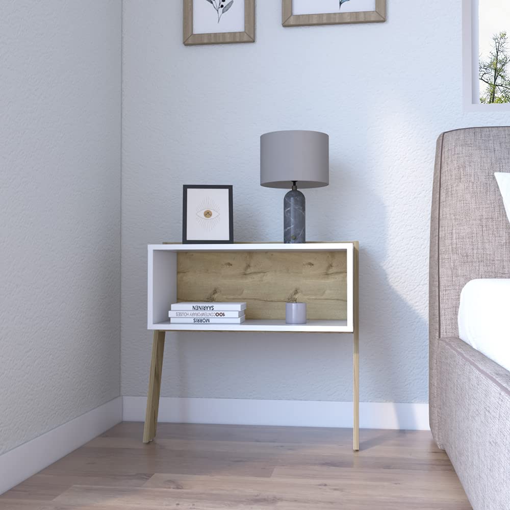 Rural Nightstand for Bedroom, Two Legs, One Shelf, White Finish