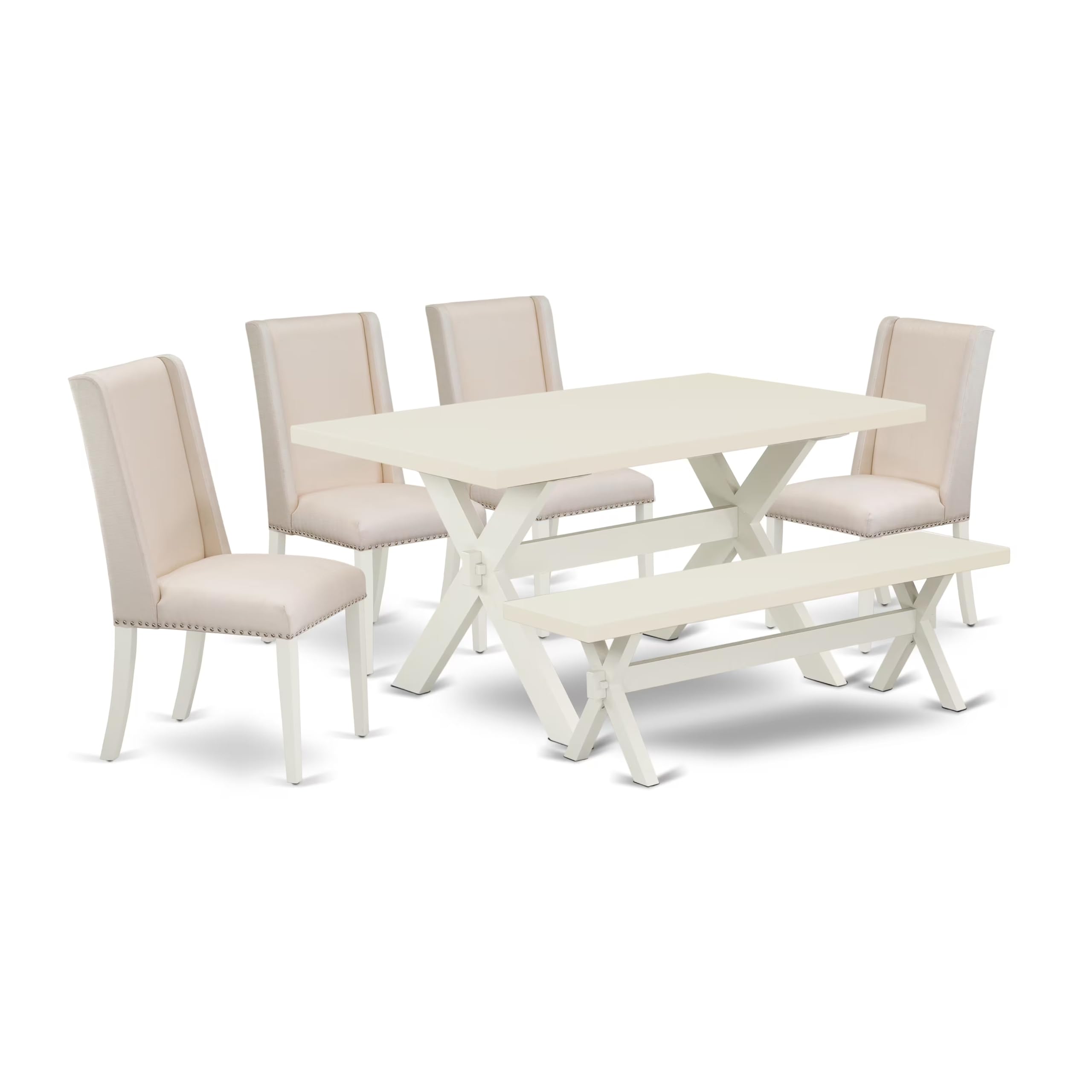 East West Furniture X026Fl201-6 6 Piece Kitchen Table Set Contains A Rectangle Dining Table With X-Legs And 4 Cream Linen Fabric Parson Chairs With A Bench, 36X60 Inch, Multi-Color