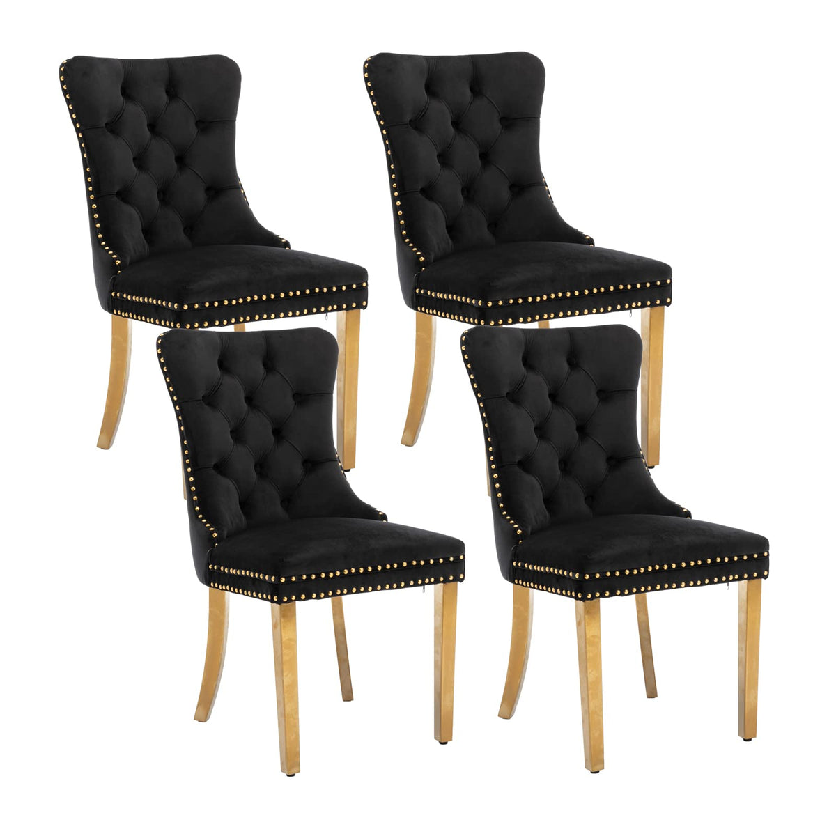 Black Velvet Dining Chairs Set Of 4, Upholstered Dining Room Chairs With Back Ring Pull Trim And Golden Stainless Steel Legs,Mod