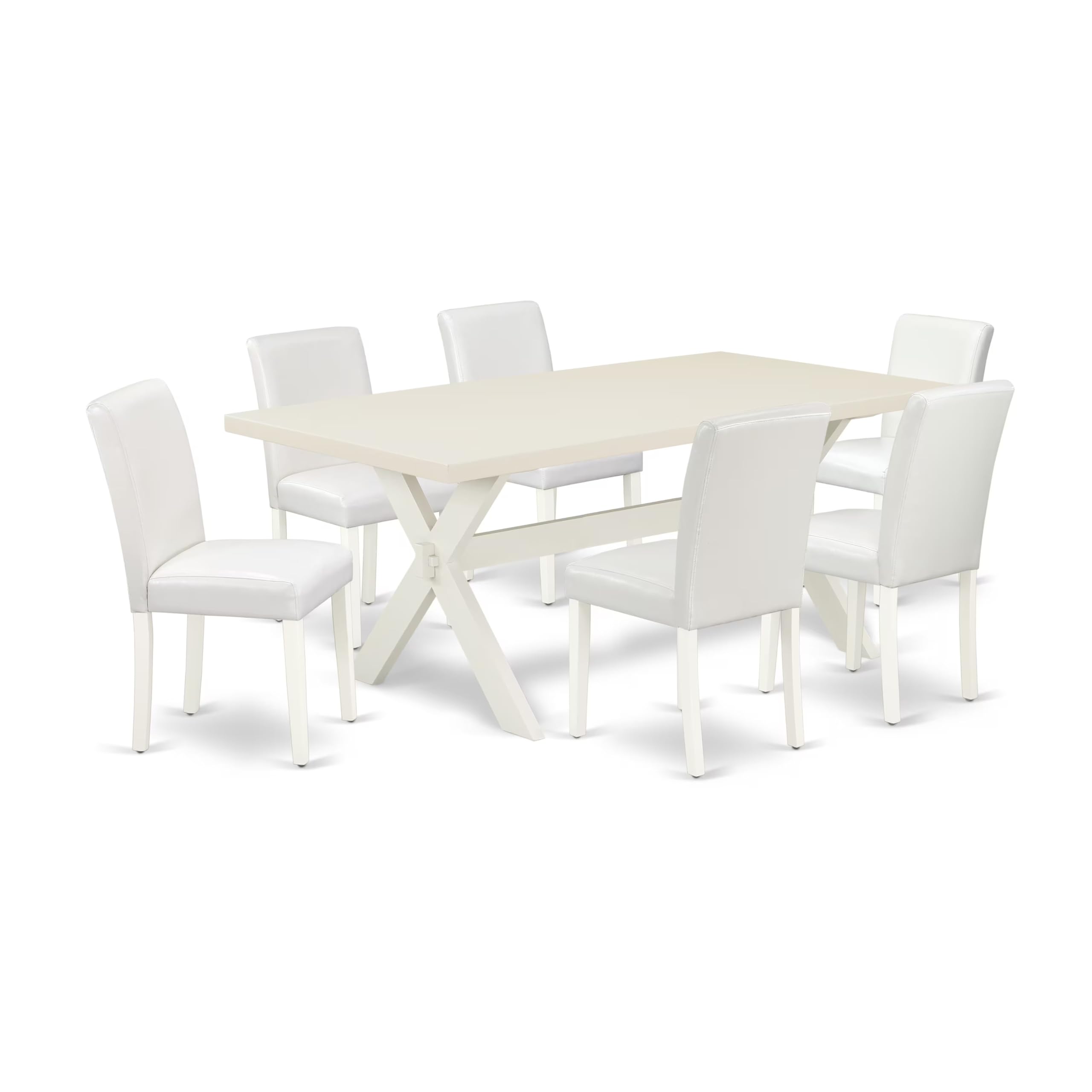 East West Furniture X027Ab264-7 7 Piece Dining Set Consist Of A Rectangle Dining Room Table With X-Legs And 6 White Faux Leather Upholstered Parson Chairs, 40X72 Inch, Multi-Color