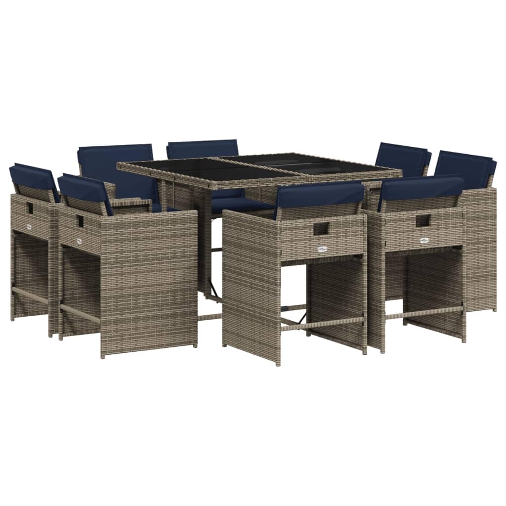 vidaXL Patio Dining Set with Cushions - 9 Piece Gray Poly Rattan Outdoor Furniture, Tempered Glass Table & Folding Chairs