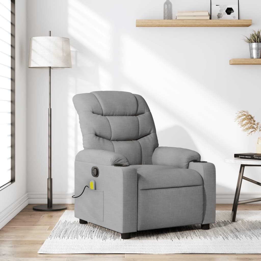 vidaXL Light Gray Fabric Massage Recliner Chair with Manual Recline, Vibration Massage, Cup Holders, and Side Pocket