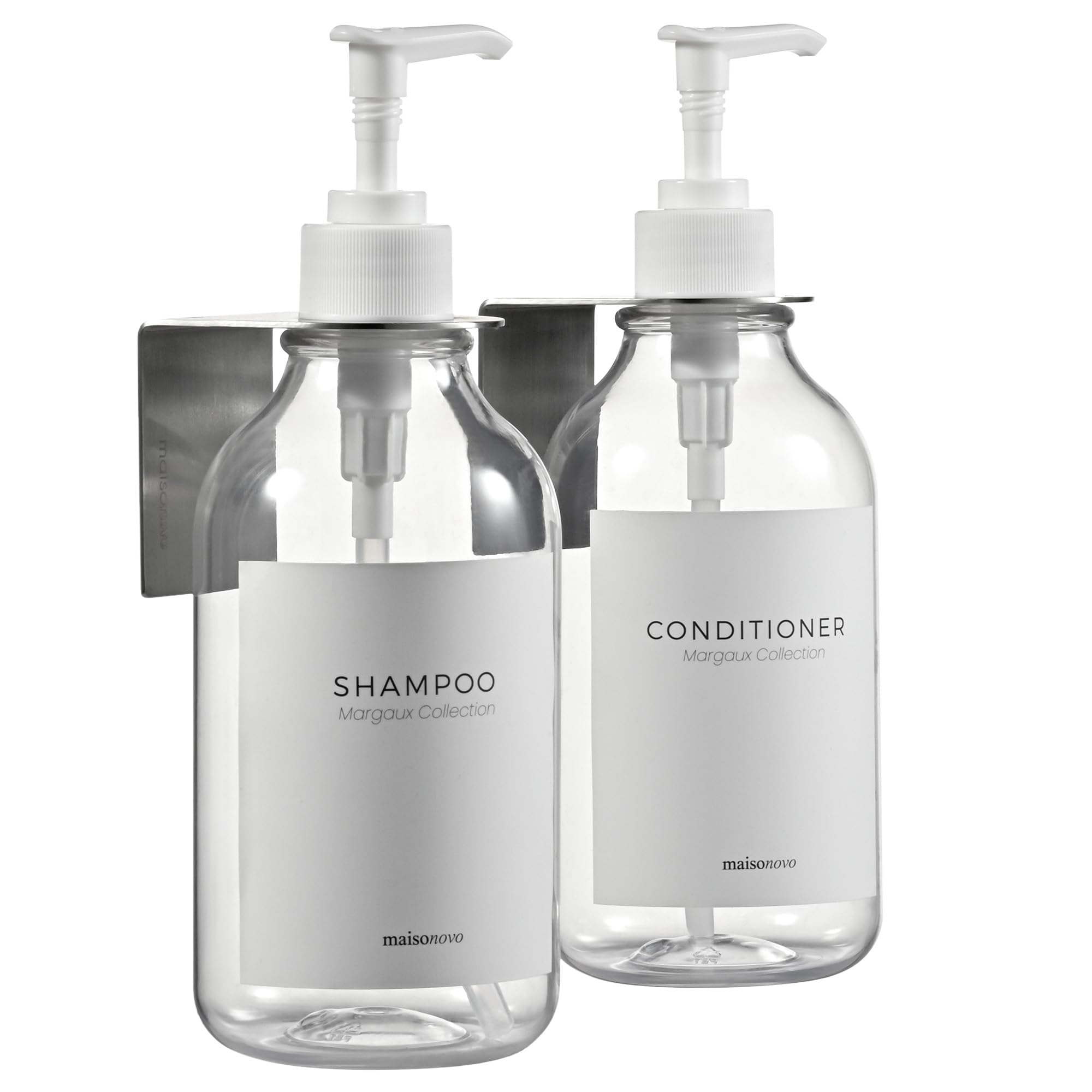 MaisoNovo Shampoo and Conditioner Dispenser - Shower Soap Dispenser Wall Mounted - 16.9 fl oz Set of 2 Clear Plastic Bottles Whi