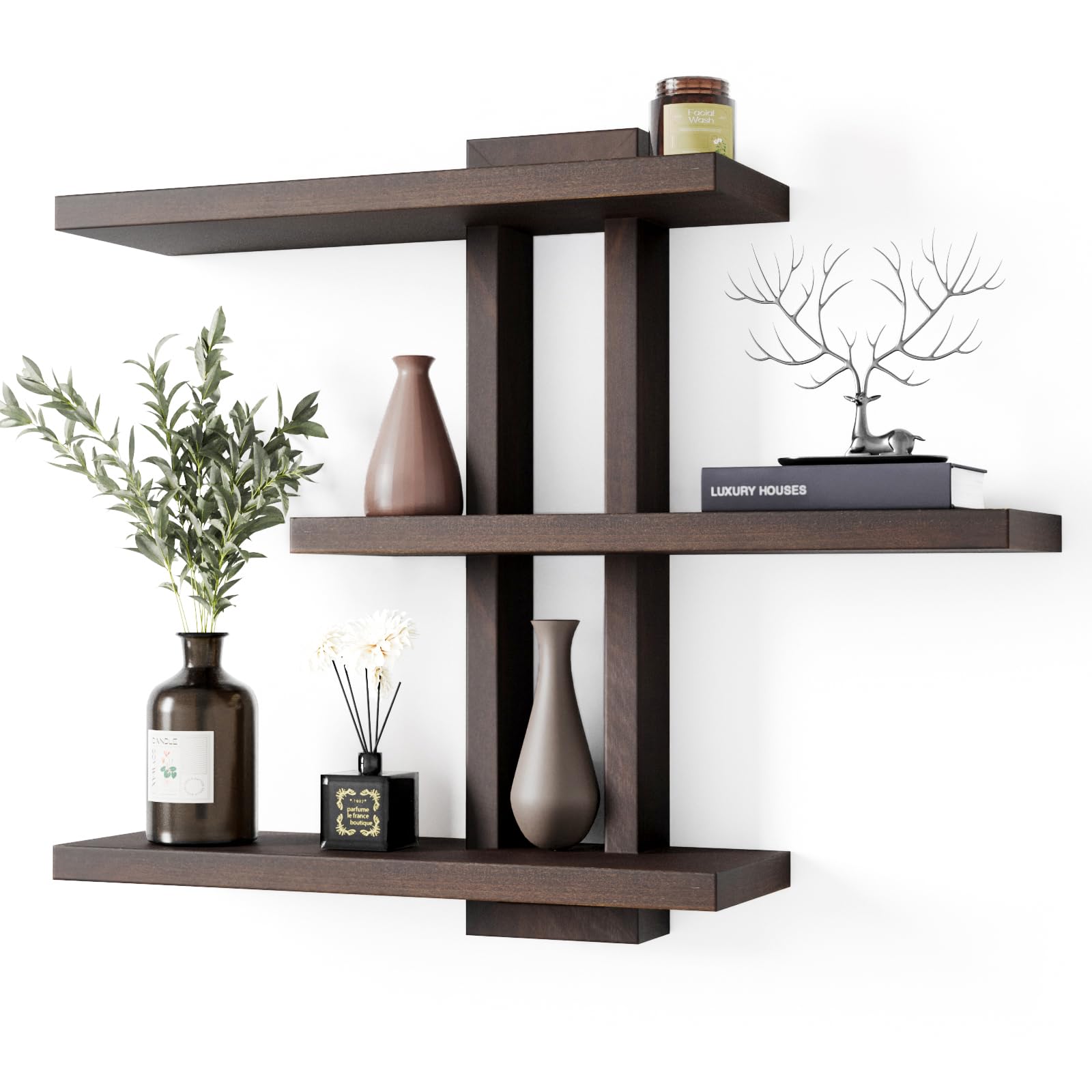 yaqew Variable Wood Floating Shelves Set of 3, Wall Cube Shelves 28.35 Max, Wall Shelves for Living Room Bathroom Bedroom - Dark