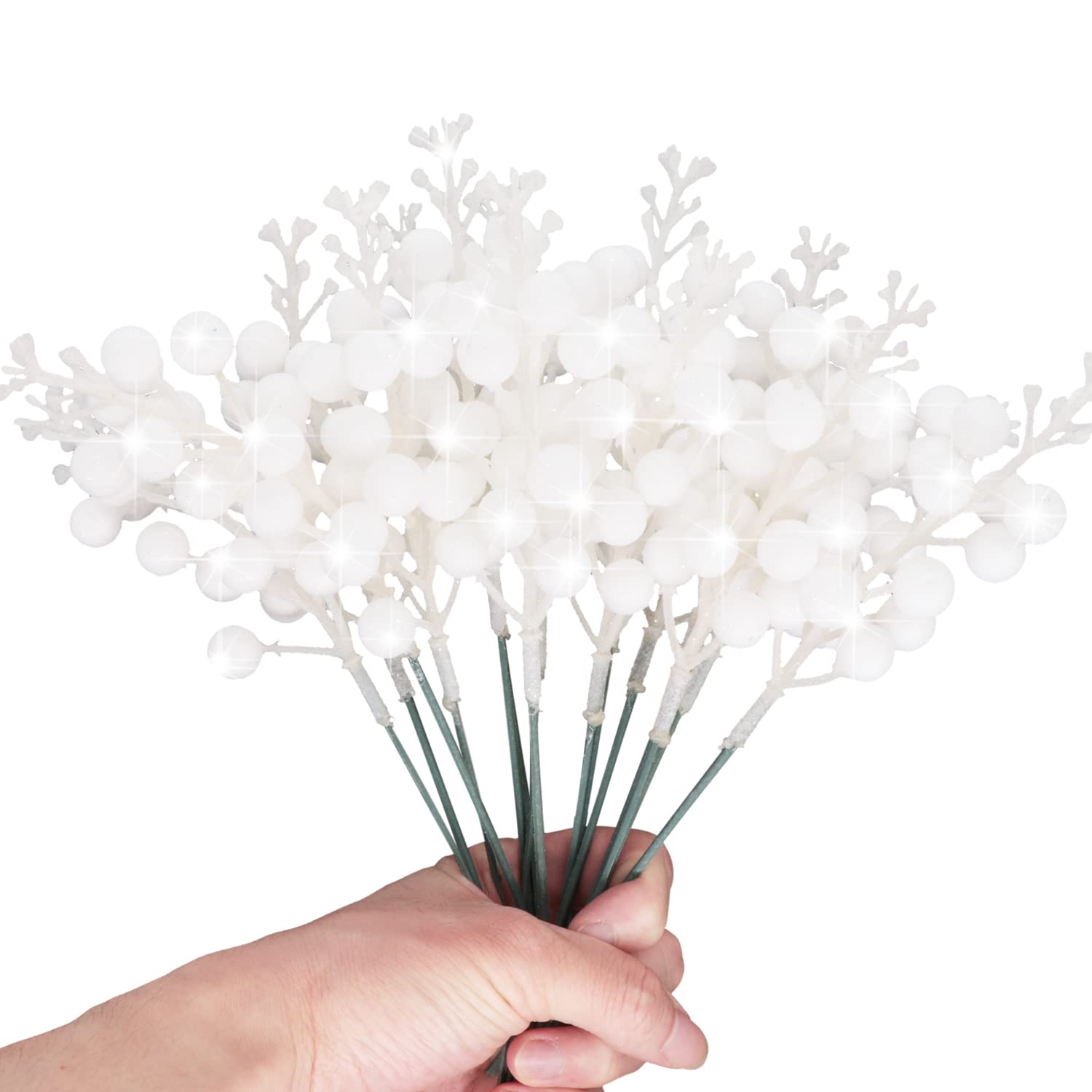 Artificial White Berry Stems, 24 Pack 8.7 Christmas Glitter Berries Stems Artificial Fruit Berry Holly Flower Branch Winter Pick