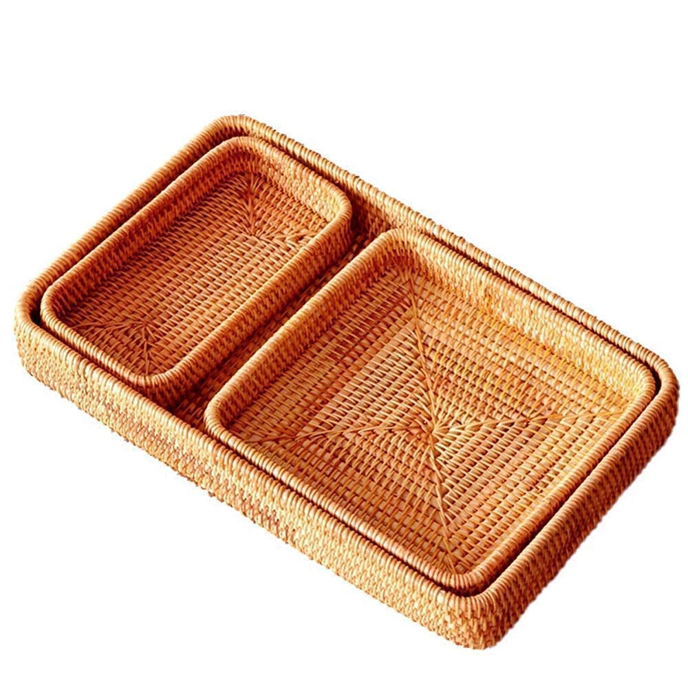 I-Lan Set Of 3 15' Rattan Woven Serving Tray Basket With Mop Wooden Base And Handles, Boho Wicker Coffee Table D  Cor Serving T