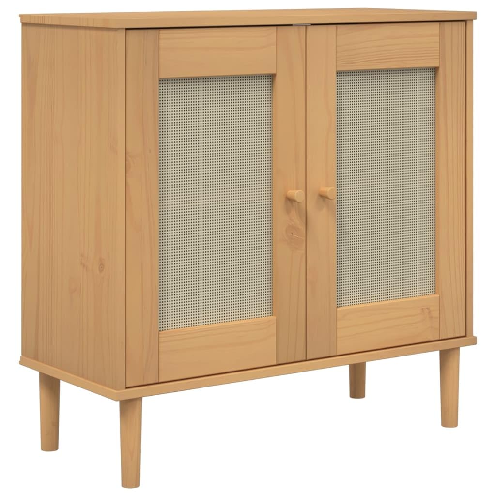 vidaXL Sideboard SENJA with Rattan Look, Solid Pine Wood with UV Varnish, Two-Tone Midcentury Modern and Boho Design, Brown, Ample Storage Space 31.5&quot;x13.8&quot;x31.5&quot;