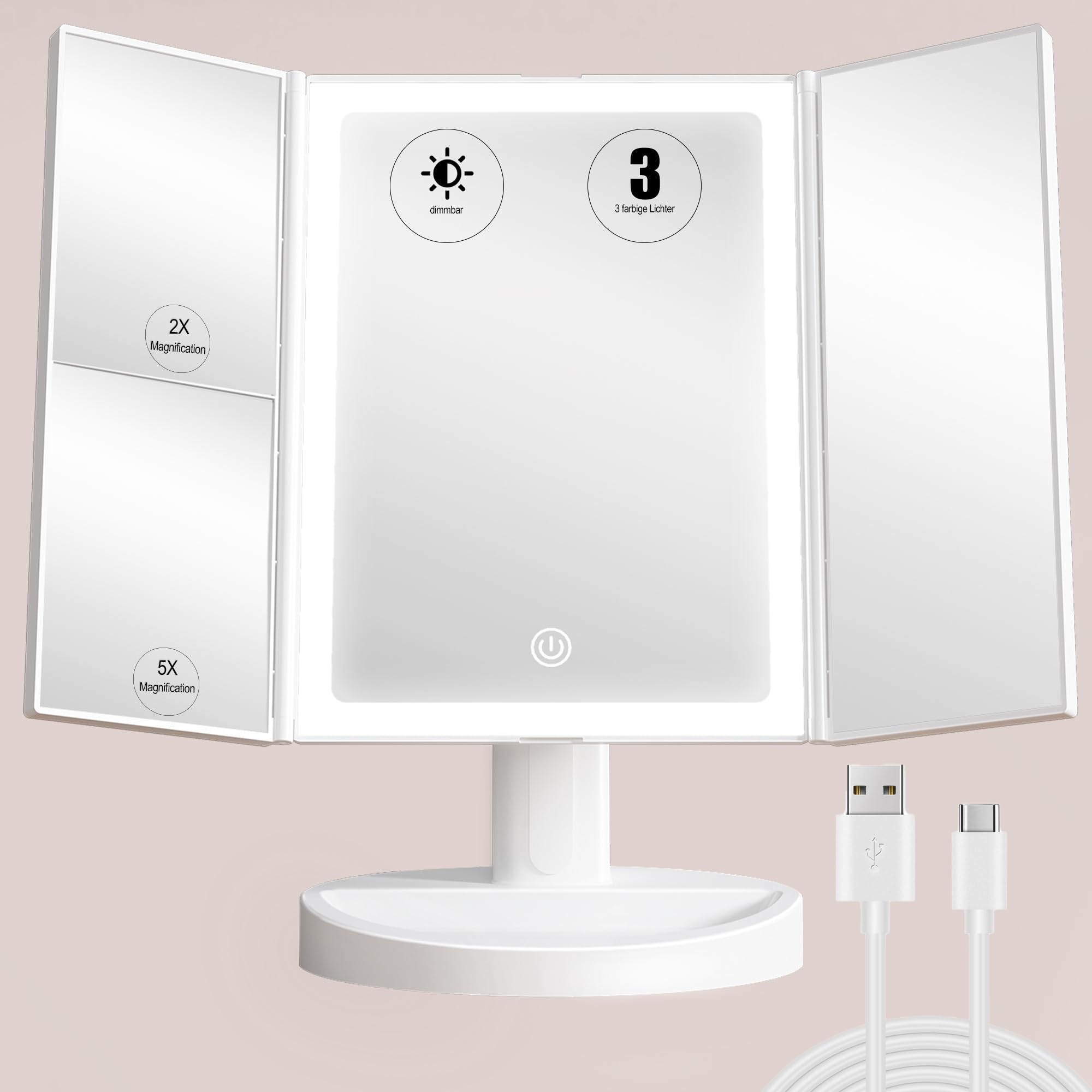 Sbagno LED Makeup Mirror with 1X/2X/5X Magnification, Dimmable Light, Rotation for Beauty, Makeup, Skincare & Grooming