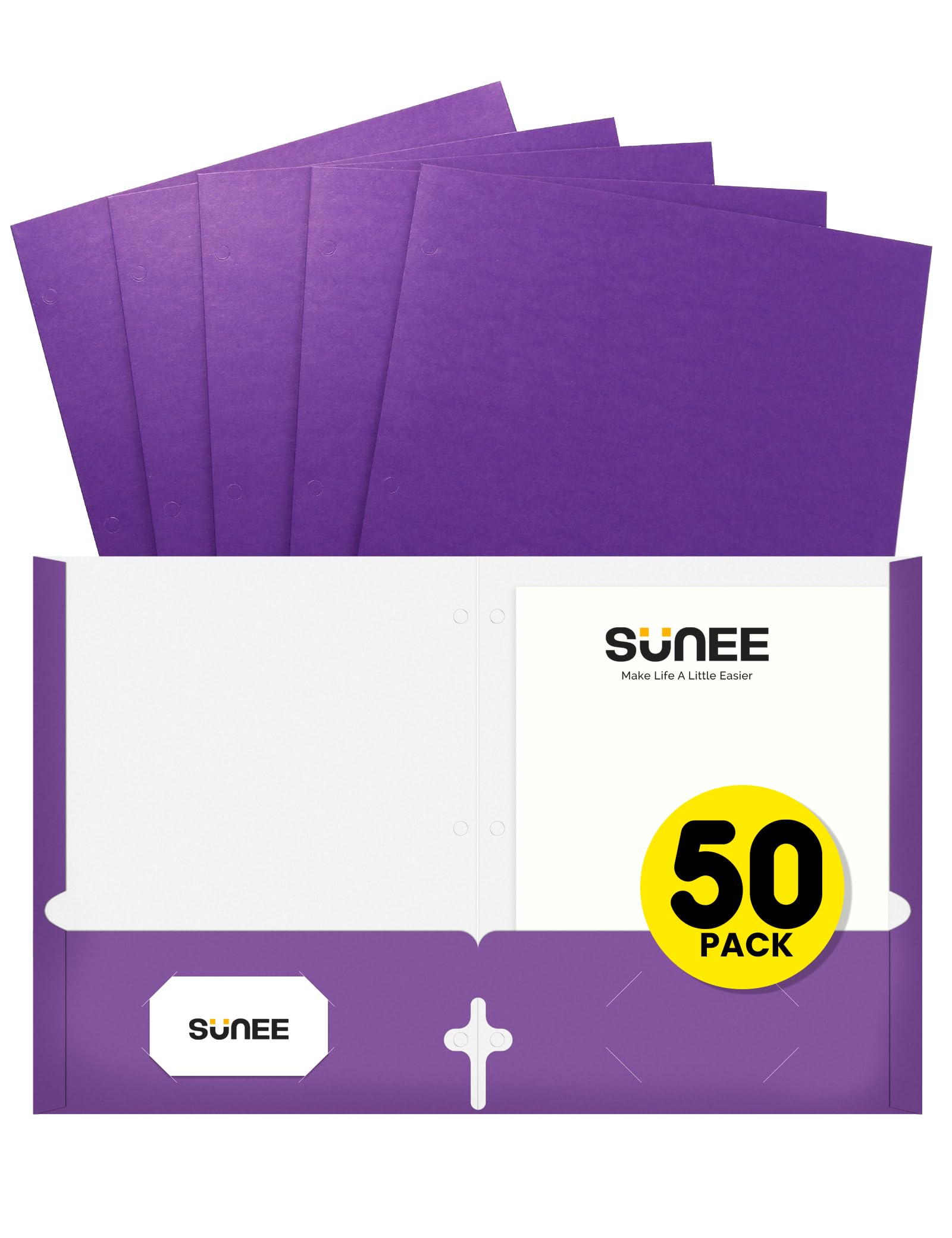 Sunee Folders With Pockets 3 Hole Punched(50 Pack, Purple), 2 Pocket Folders Fit Letter Size Paper, Paper File Folder For School