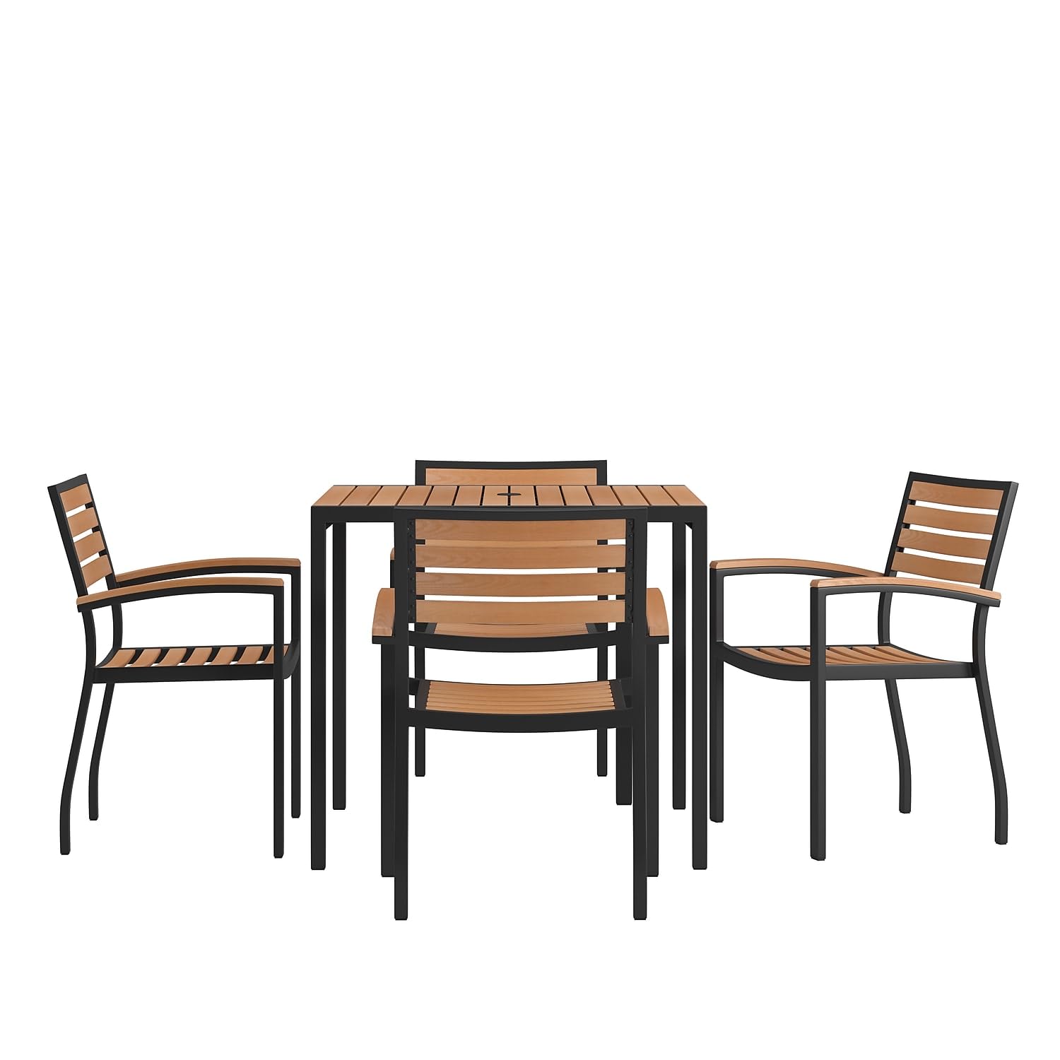 Flash Furniture 5 Piece Outdoor Dining Table Set - Synthetic Teak Poly Slats - 35 Square Steel Framed Table with Umbrella Holder