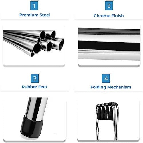 2-Tier Folding Luggage Rack, X-Shaped Steel Frame, Nylon Straps, Rubber Feet, Chrome Finish
