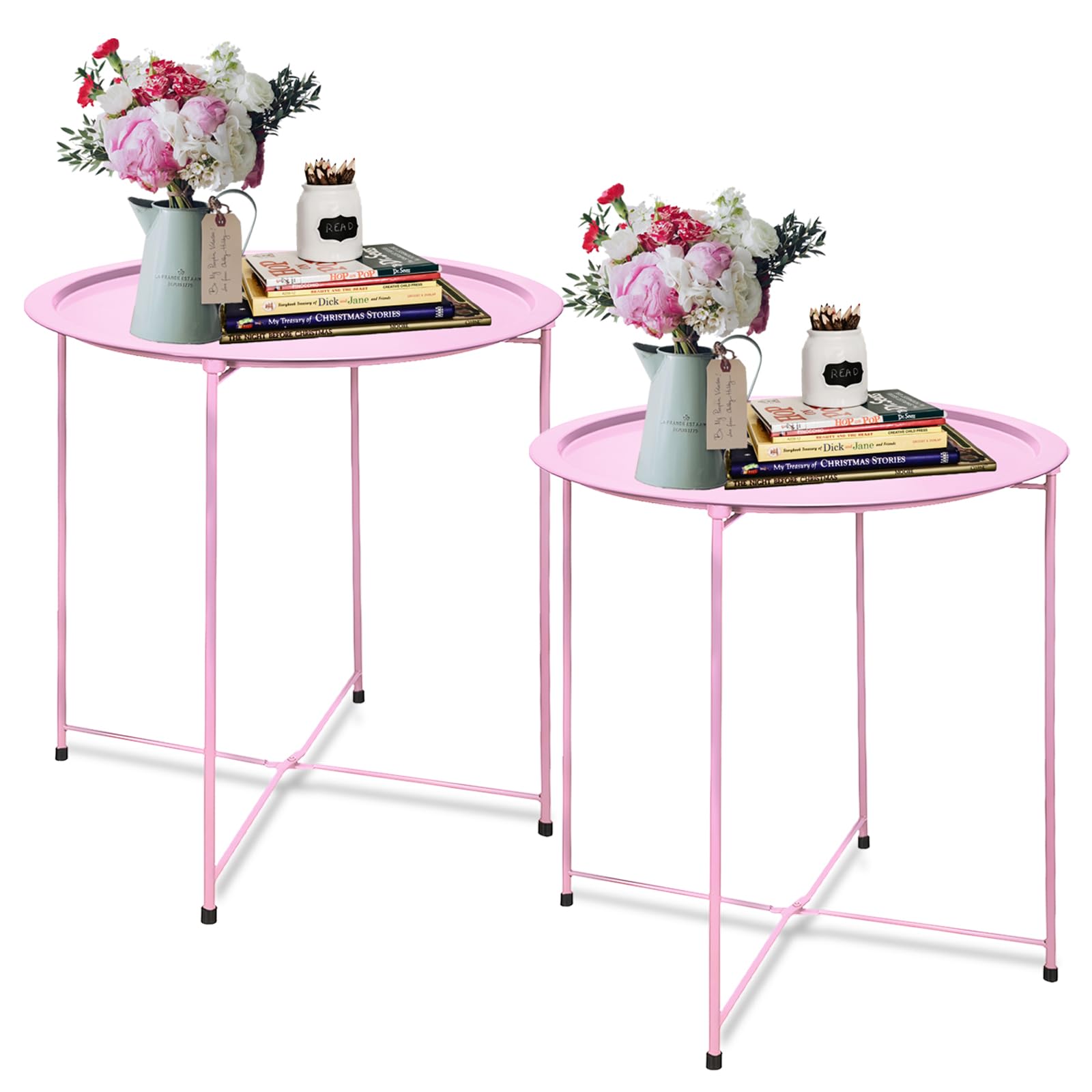 Garden 4 You End Table Set Of 2, Outdoor Side Table, Small Patio Table Metal Side Table, Round Folding Side Table, For Outdoor And Living Room,Pink