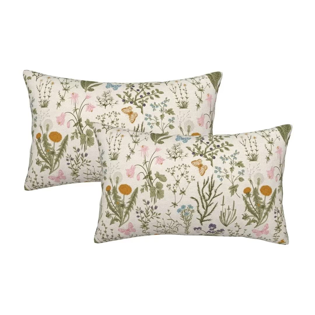Betginy Spring Pillow Covers 12X20 Set Of 2, Sage Green Wildflower Decorative Throw Pillow Covers Floral Leaf Plant Outdoor Farm