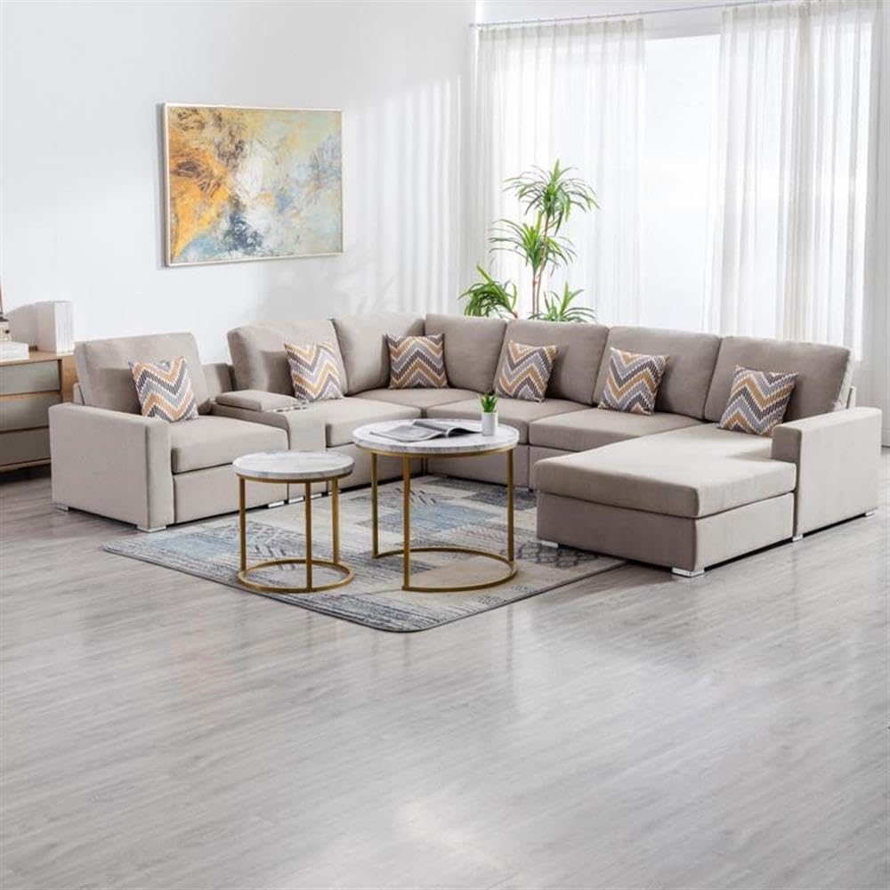 Lilola Home Nolan Beige Linen Fabric 7Pc Reversible Chaise Sectional Sofa with a USB, Charging Ports, Cupholders, Storage Console Table and Pillows and Interchangeable Legs