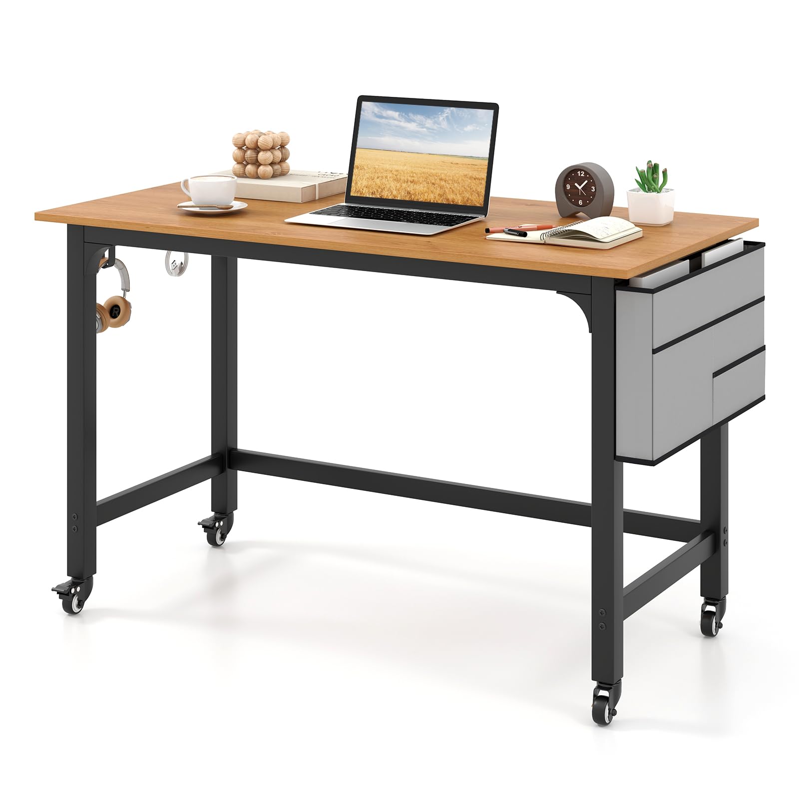 Costway 48” Mobile Computer Desk, Home Office Desk On Wheels, Simple Study Writing Table With 4 Lockable Wheels, Metal Frame, Rolling Laptop Pc Table For Small Space (Natural)