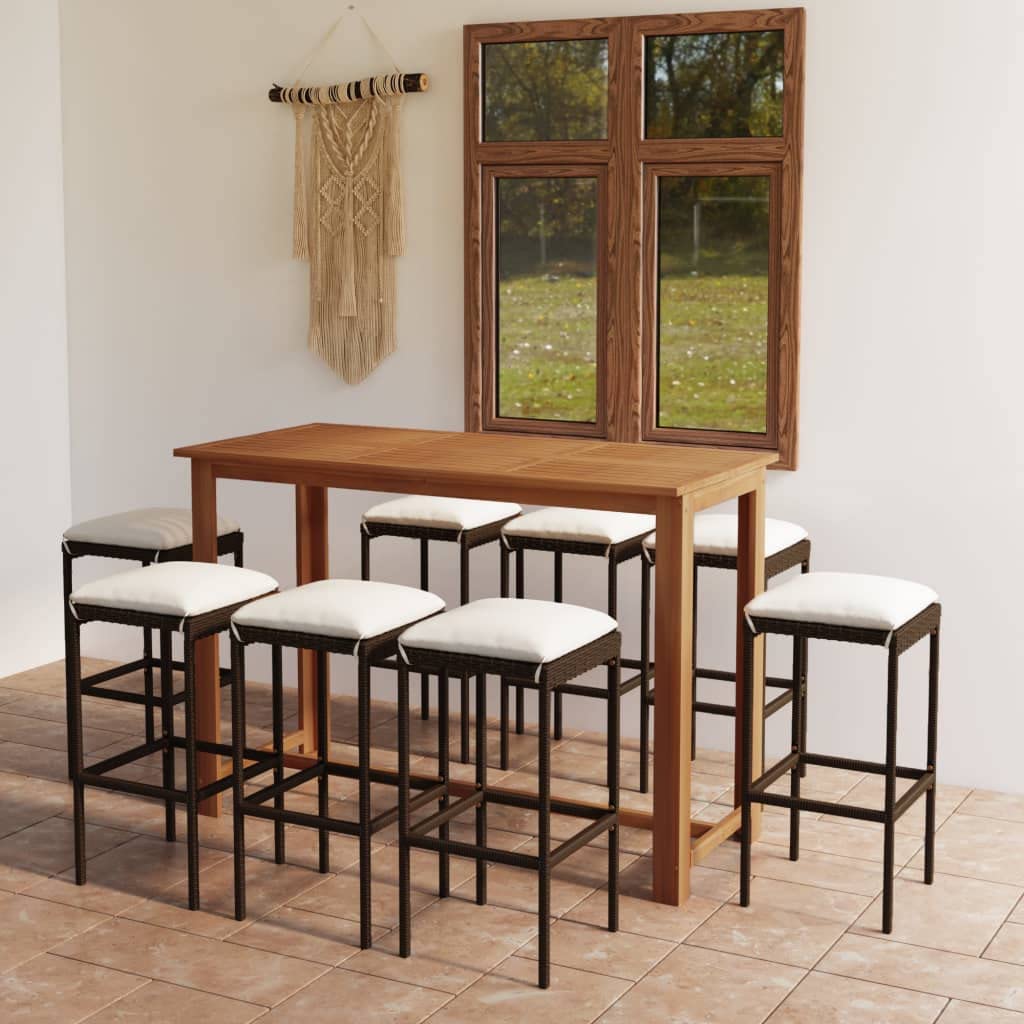 vidaXL 9-Piece Farmhouse-Styled Patio Bar Set - Brown PE Rattan Stools with Cushions, Solid Acacia Wood Table with Oil Finish - Ideal for Garden, Patio, Terrace
