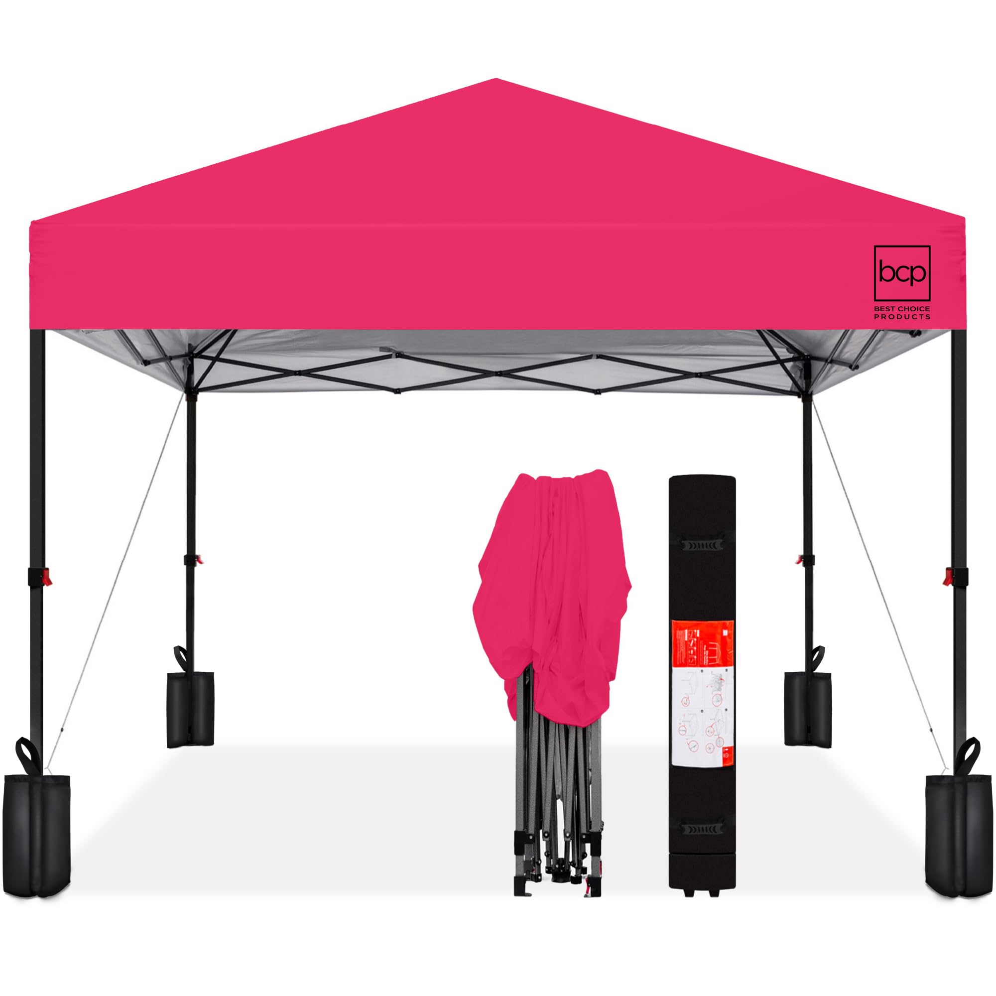 Best Choice Products 8x8ft Pop Up Canopy Tent, Outdoor Shade, 1 Person 1 Minute Set Up, Carry Case, 4 Weight Bags - Hot Pink