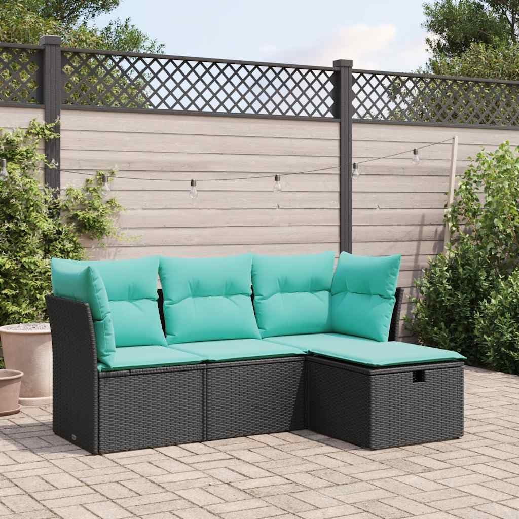 vidaXL Outdoor Patio Sofa Set - 4 Piece Black Poly Rattan with Cushions, Storage Options, Washable Covers, Powder-Coated Frame