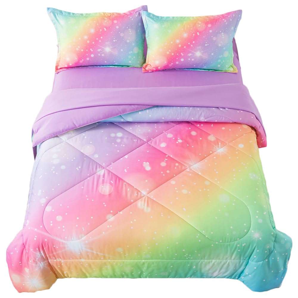 Adasmile A & S Rainbow Comforter Set Twin Size For Girls Rainbow Bedding Twin 5 Pieces Gradient Glitter Bedding Set For Kids Tie