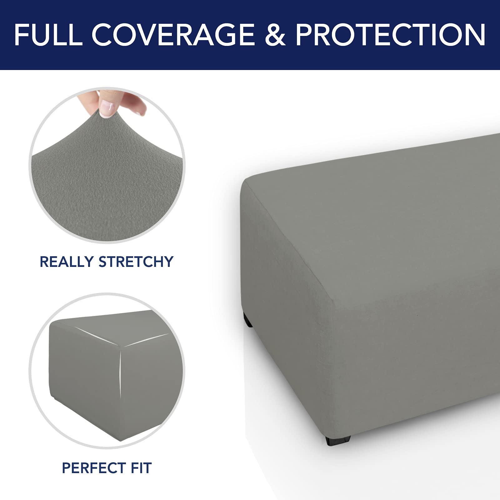 Purefit Super Stretch Soft Form Fit Ottoman Cover Rectangle - Ottoman Slipcovers For Foot Stool & Folding Storage Furniture For Living Room With Nonslip Elastic Bottom (Medium, Light Gray)