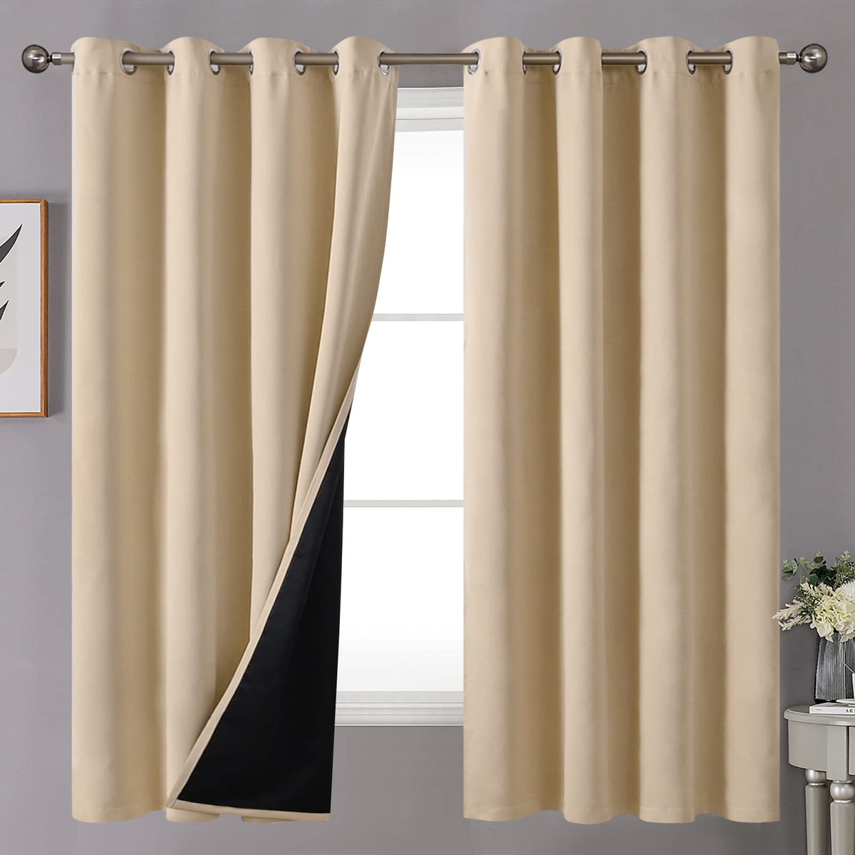Youngstex Beige Insulated 100% Blackout Curtains For Bedroom, Double Layer Grommet 52 Inch Width Full Room Darkening Thermal Dra