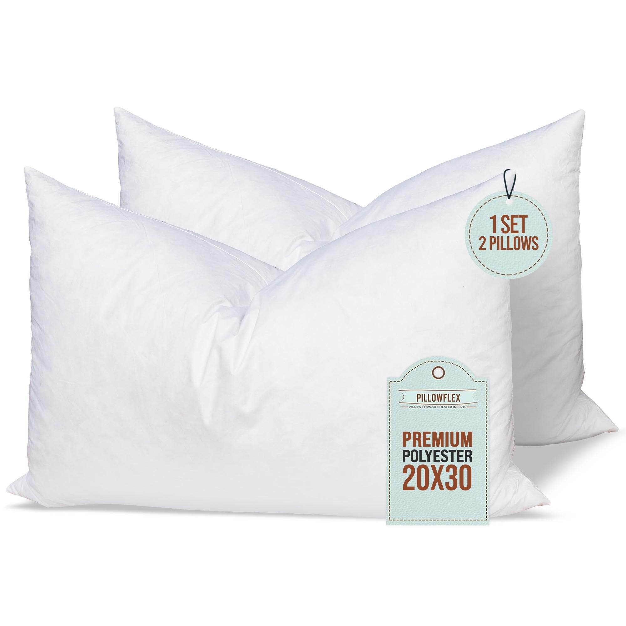 Pillowflex Set of 2 (20x30) Premium Polyester Pillow Inserts - European Square Pillow Forms, Machine Washable, Sham Pillow Inser