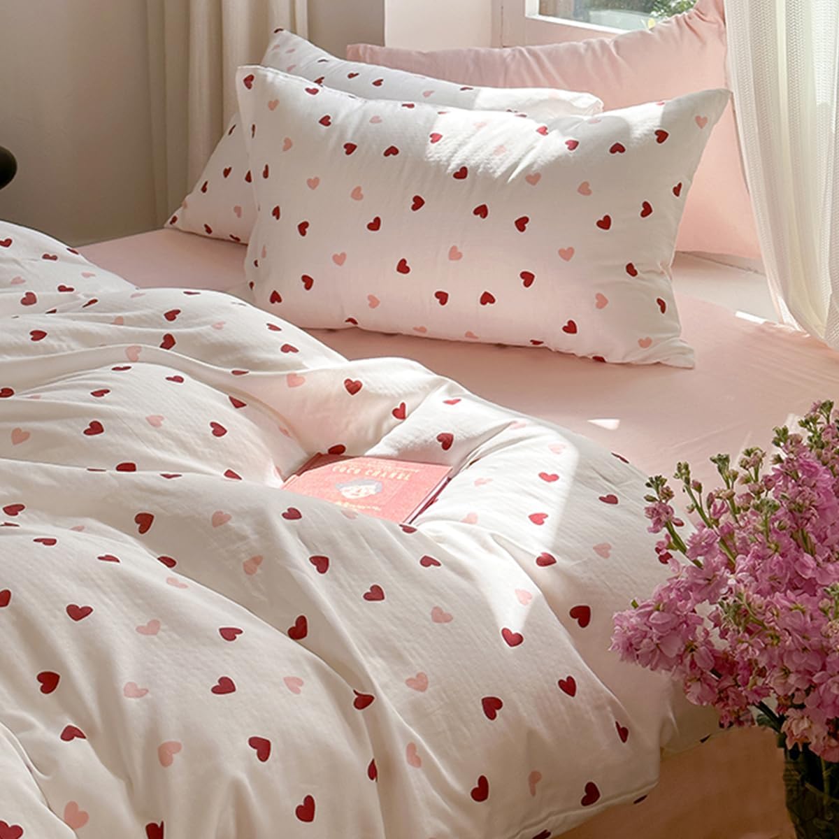 Nayoroom Heart Duvet Cover Twin Size Red Pink Hearts Printed On White Coquette Bedding Set For Kids Girls 2 Pcs Soft Breathable