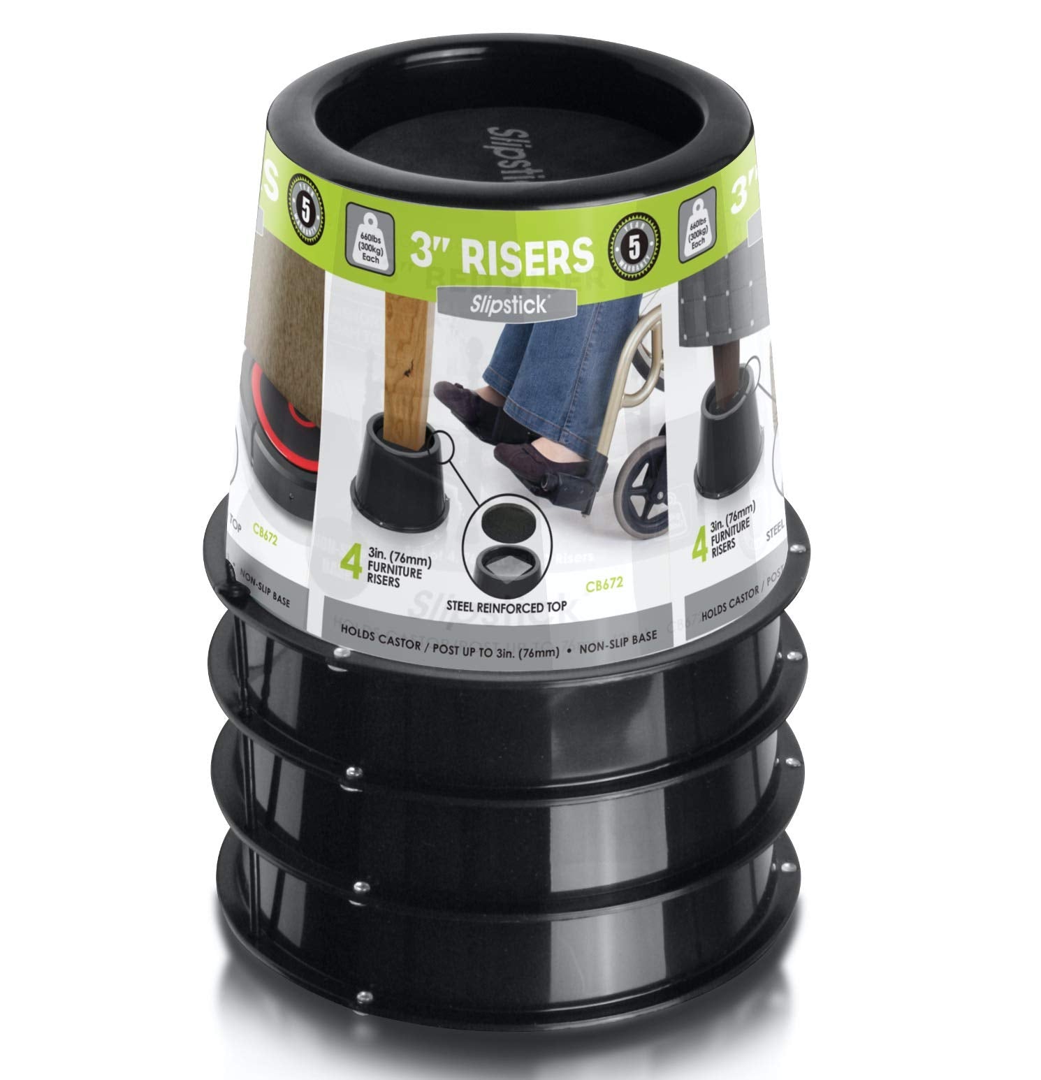 Slipstick Cb672 Premium 3 Inch Bed Risers/Furniture Raisers With Steel Reinforced Holder Top, Lifts Height 3' (4 Pack) Supports