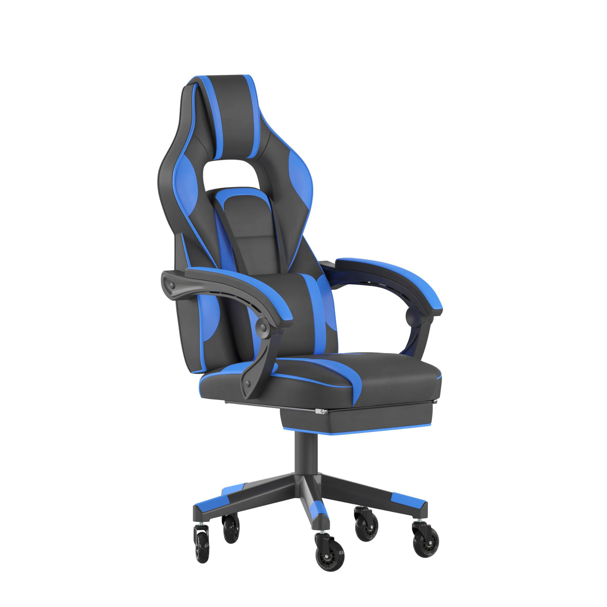 Flash Furniture X40 Gaming Chair Racing Computer Chair With Fully Reclining Back/Arms And Transparent Roller Wheels, Slide-Out Footrest, - Black/Blue