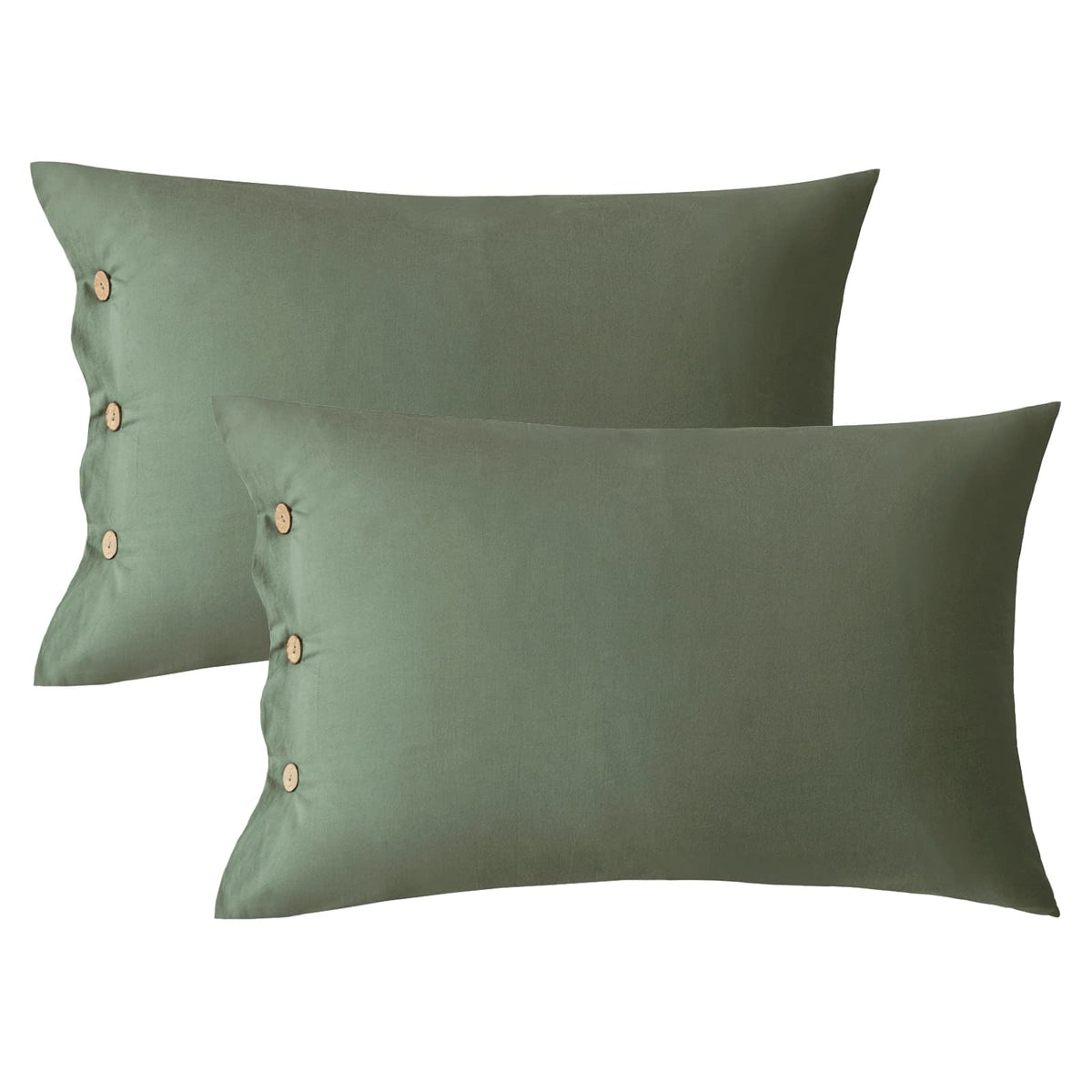 Jellymoni Green 100% Washed Cotton Queen Pillowcases Set, 2 Pack Luxury Soft Breathable Pillow Covers With Button Closure(Pillow