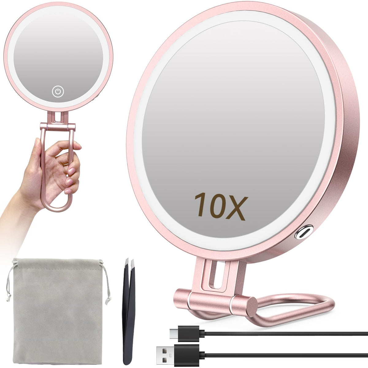 Travel Makeup Mirror with Lights,3000mAh Rechargeable 1X/10X Magnifying Mirror with Light, 7'' Portable Lighted Beauty Mirror, M