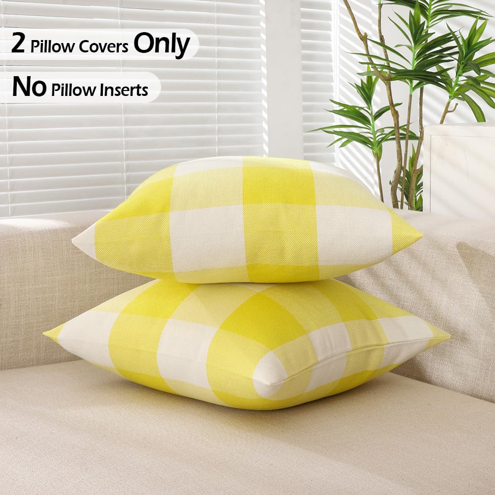 Carrie Home Yellow Buffalo Plaid Summer Outdoor Pillow Covers 18X18 Set Of 2, Yellow Checkered Decorative Couch Pillow Covers 18