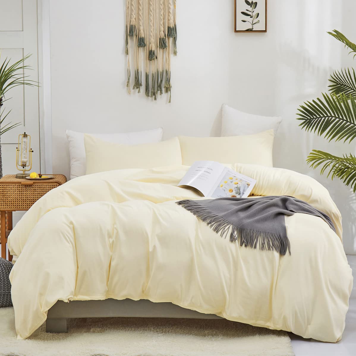 Karever Light Yellow Comforter Set Queen Off White Bedding Set Beige Comforter Set Queen Men Breathable Ivory Bedding Set Women