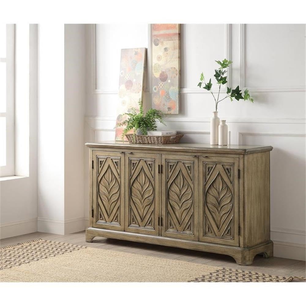 Acme Orana Wooden Engraved Leaf Design Console Table with 4 Doors in Oak