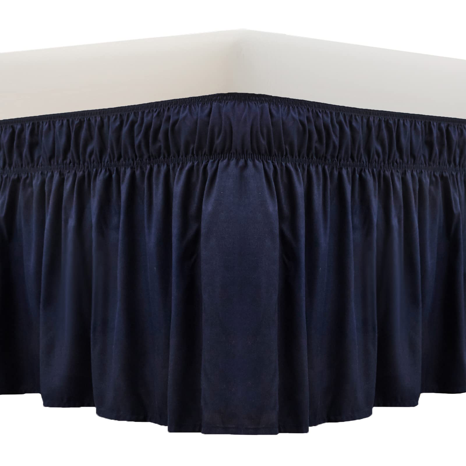 Meila Wrap Around Bed Skirt Three Fabric Sides Elastic Dust Ruffled 14 Inch Tailored Drop,Easy To Install Fade Resistant-Navy Bl