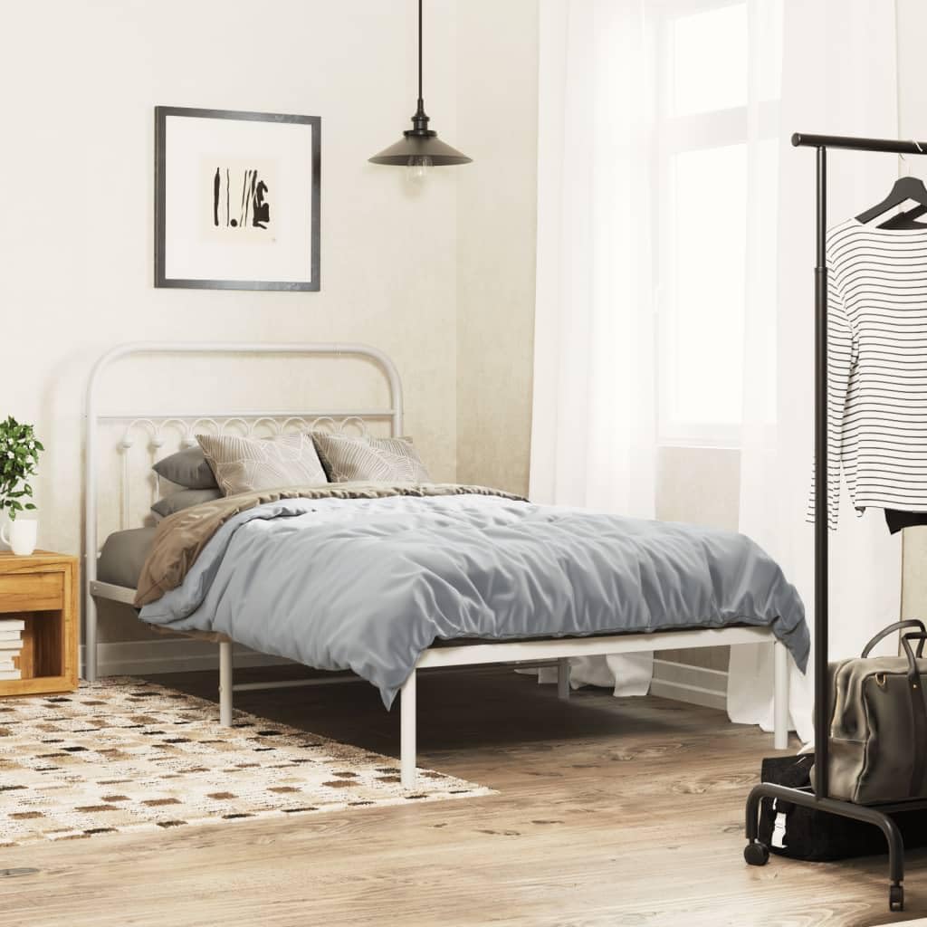 vidaXL Metal Single Bed Frame with Headboard, Steel, White, 39.4"x78.7", Storage Space, Mattress Support