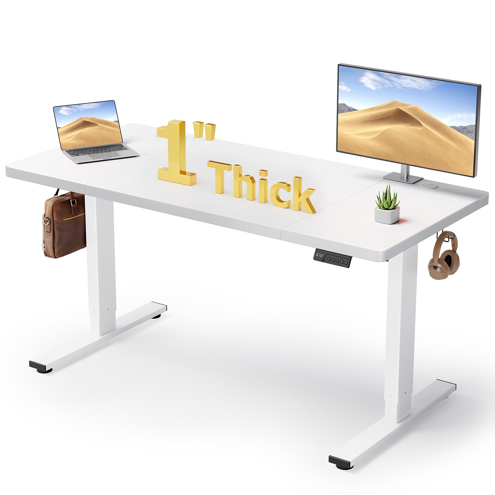 DeskShow Electric Standing Desk Adjustable - 60x28 Inch Sit Stand Desk with 1 Inch Thick Tabletop, Double Beam Frame, 3 Memory H