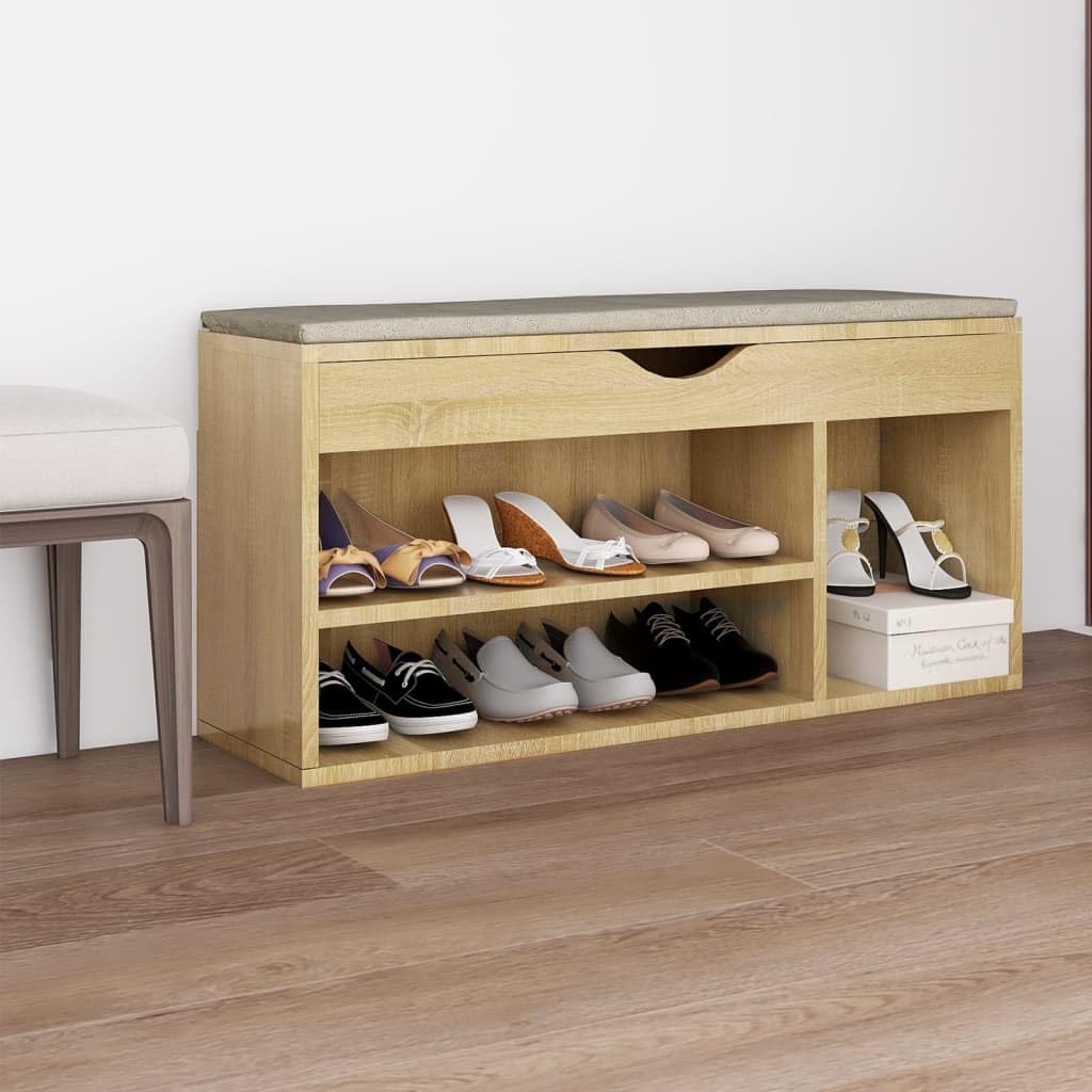 vidaXL Shoe Bench with Storage Cabinet, Comfortable Cushion, Sonoma Oak Finish, Engineered Wood and MDF, 40.9&quot;x11.8&quot;x19.3&quot;