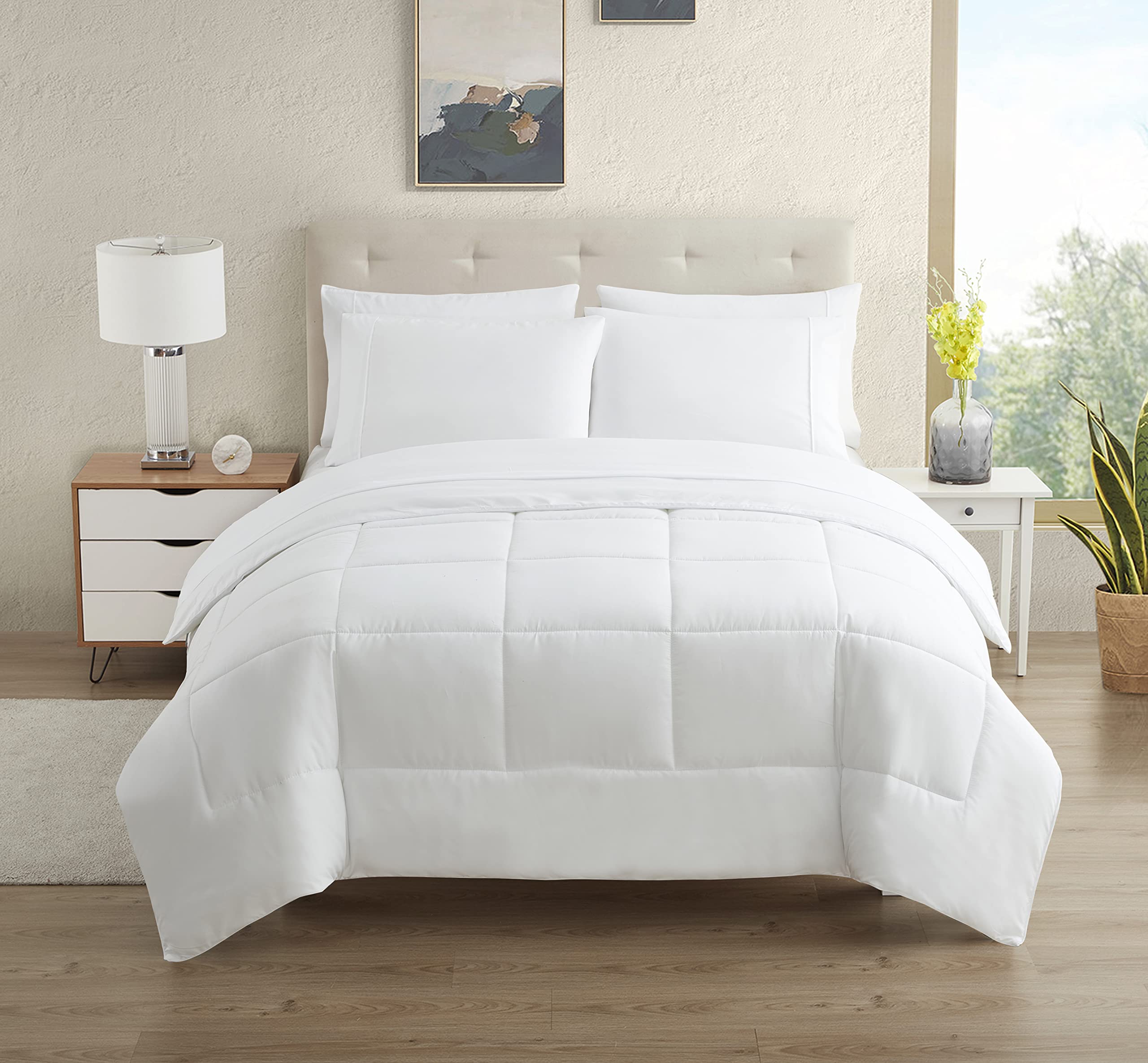 Dorm Room Essentials College Bedding Comforter Set 5 Piece Twin Size Bed In A Bag For College Students Boys And Girls, Twin, Whi