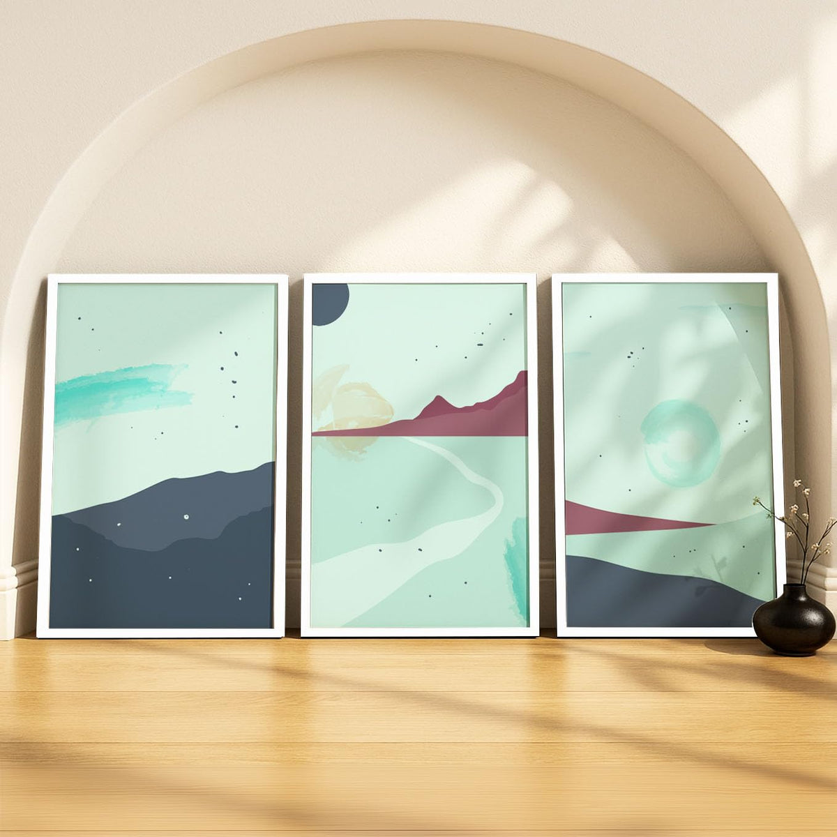 SoulAbiti Pastel Mint Dreamy Landscapes set of 3 Framed Wall Print 12x18 inch White Frame PlexiGlass Abstract Art ready to hang