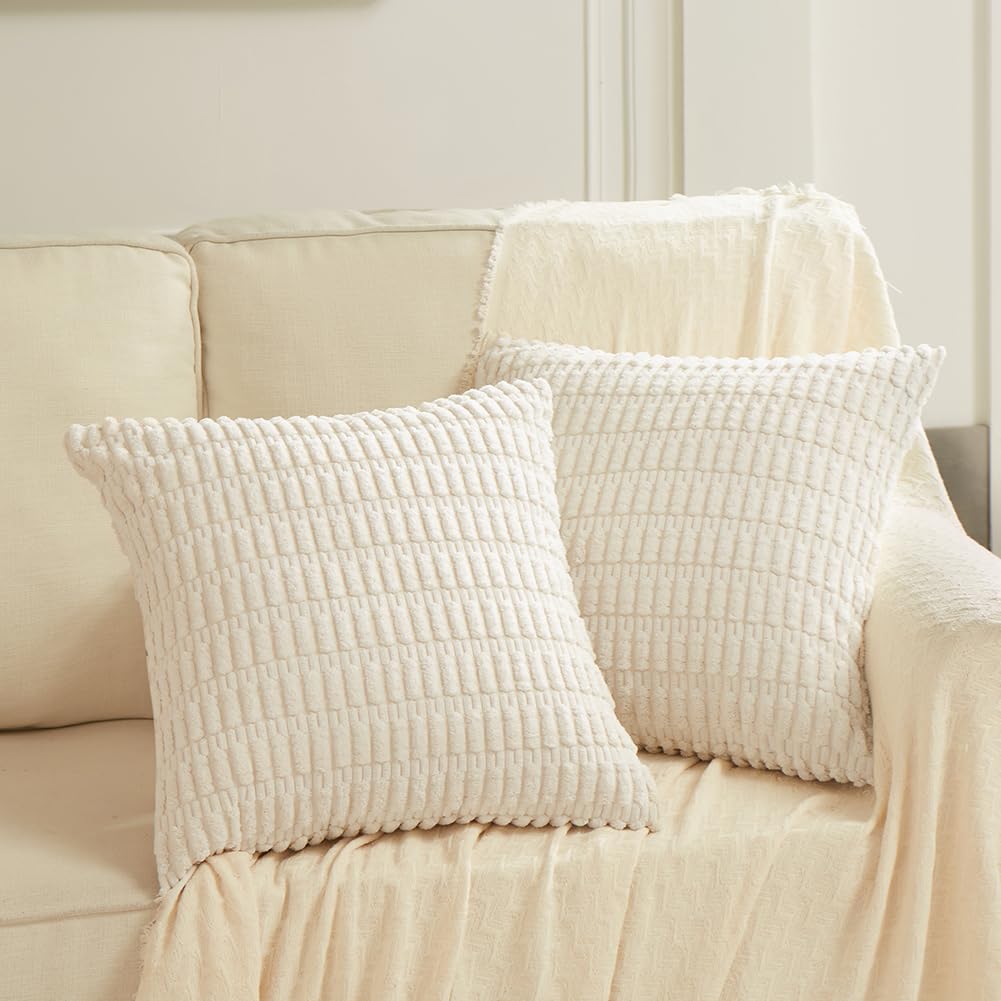 Fancy Homi 22X22 Pillow Covers, 2 Packs Cream Throw Pillow Covers, Super Soft Short Wool Corduroy Square Solid Cushion Cover For