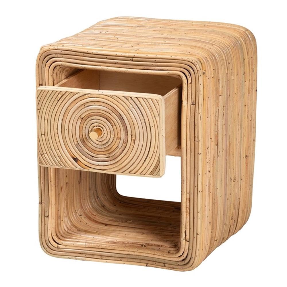 bali & pari Rosina Bohemian Rattan Nightstand with 1 Drawer, Brown - Stylish Natural Decor for Bedroom