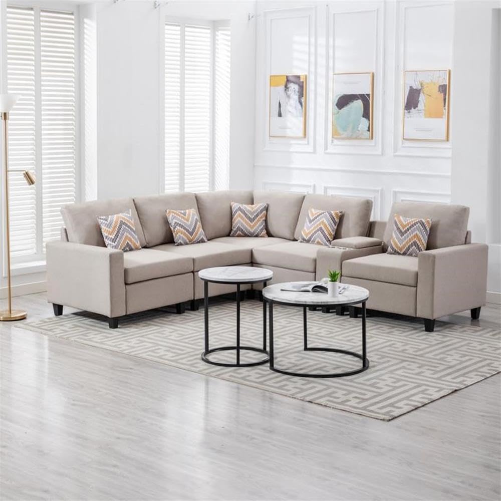 Lilola Home Nolan Beige Linen Fabric 6Pc Reversible Sectional Sofa with a USB, Charging Ports, Cupholders, Storage Console Table and Pillows and Interchangeable Legs
