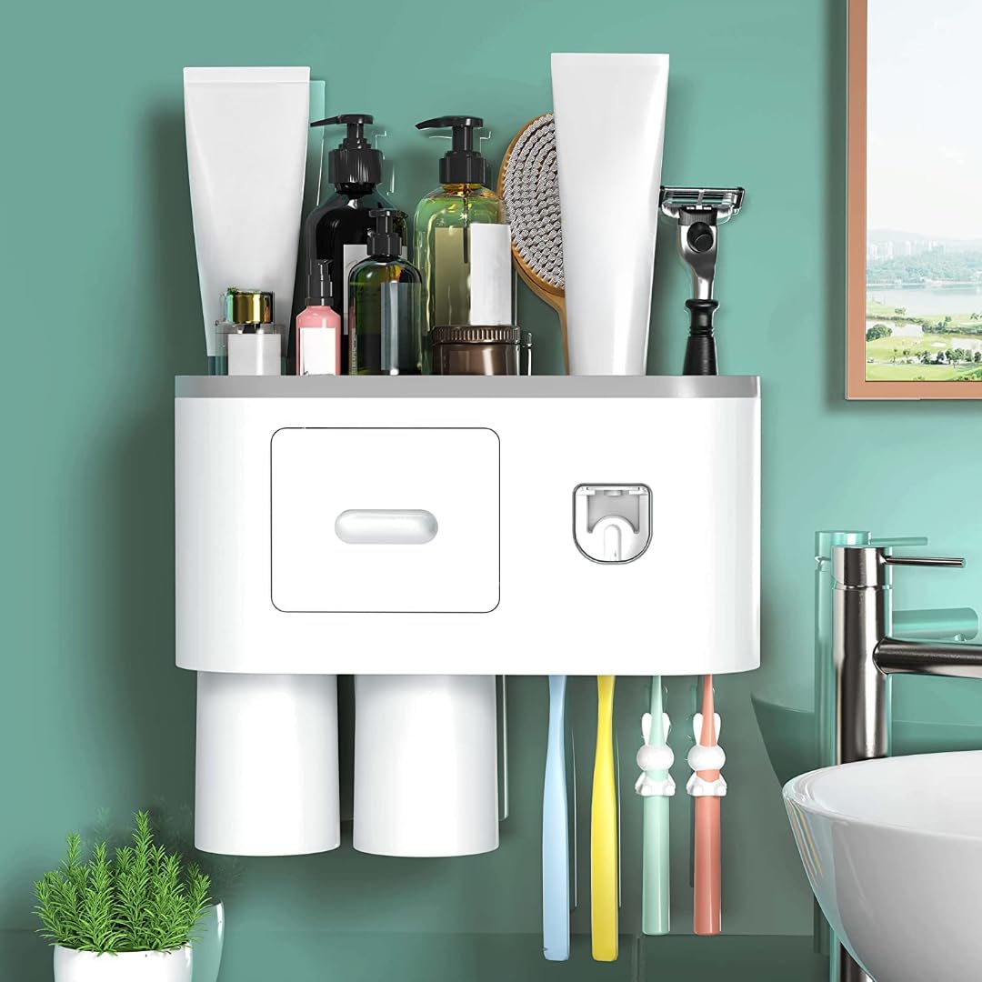 Lxoice Toothbrush Holder Wall Mounted for Bathroom, Automatic Toothpaste Dispenser Kit with Magnetic Cups, 4 Brush Holder, Space