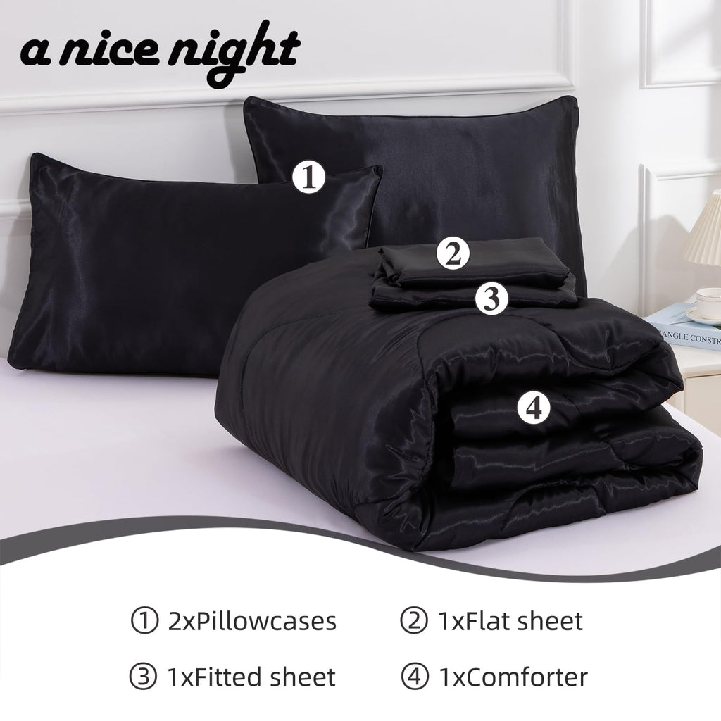 A Nice Night 5Pcs Satin Silky Soft Quilt Luxury Super Soft Microfiber Bedding Thin Comforter Set Queen,Black