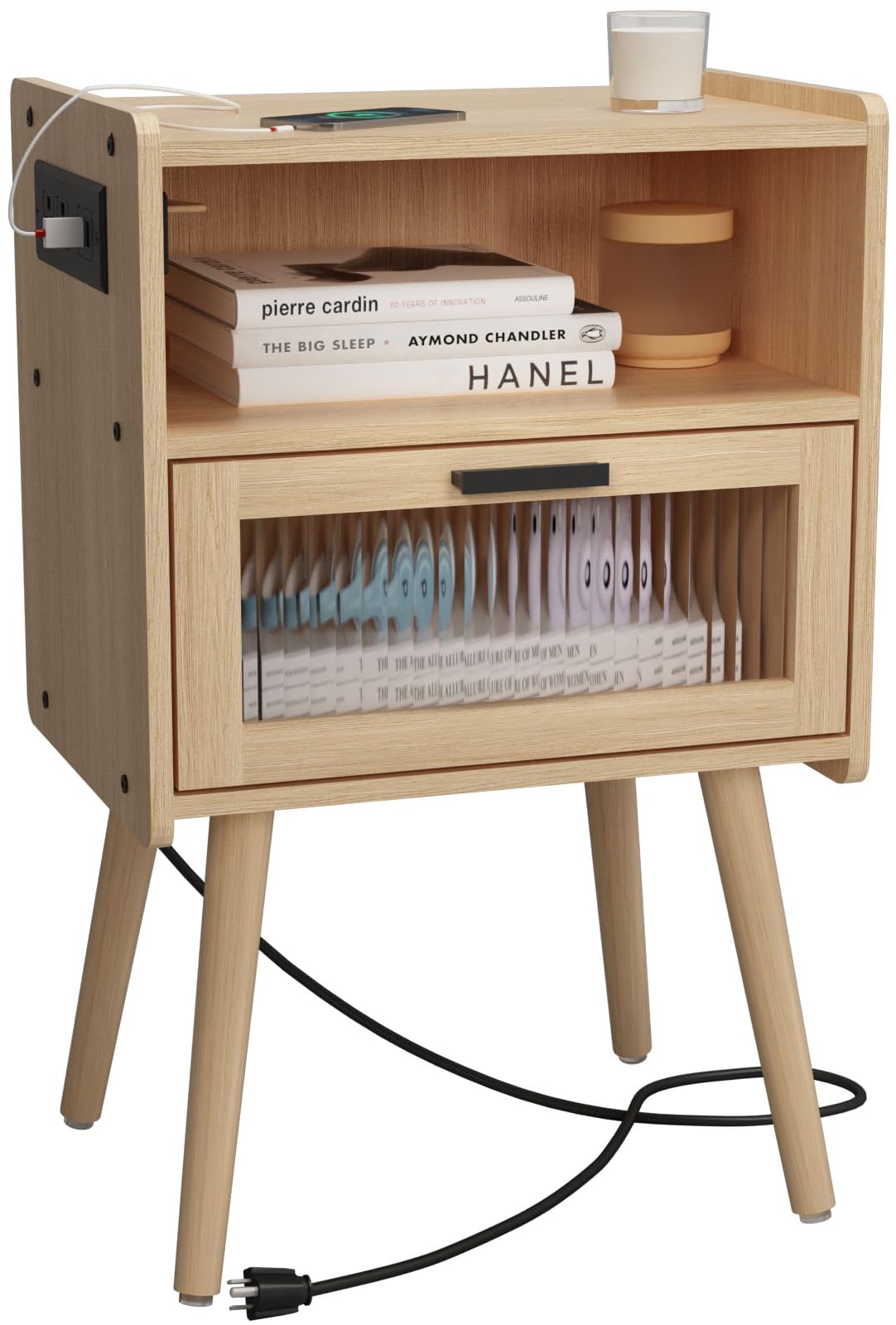 Mid Century Modern Nightstand With Charging Station, Bedside Tables With Glass Drawer, End Table Side Table With 2 Tiers Storage Space, For Bedroom, Living Room, Natural